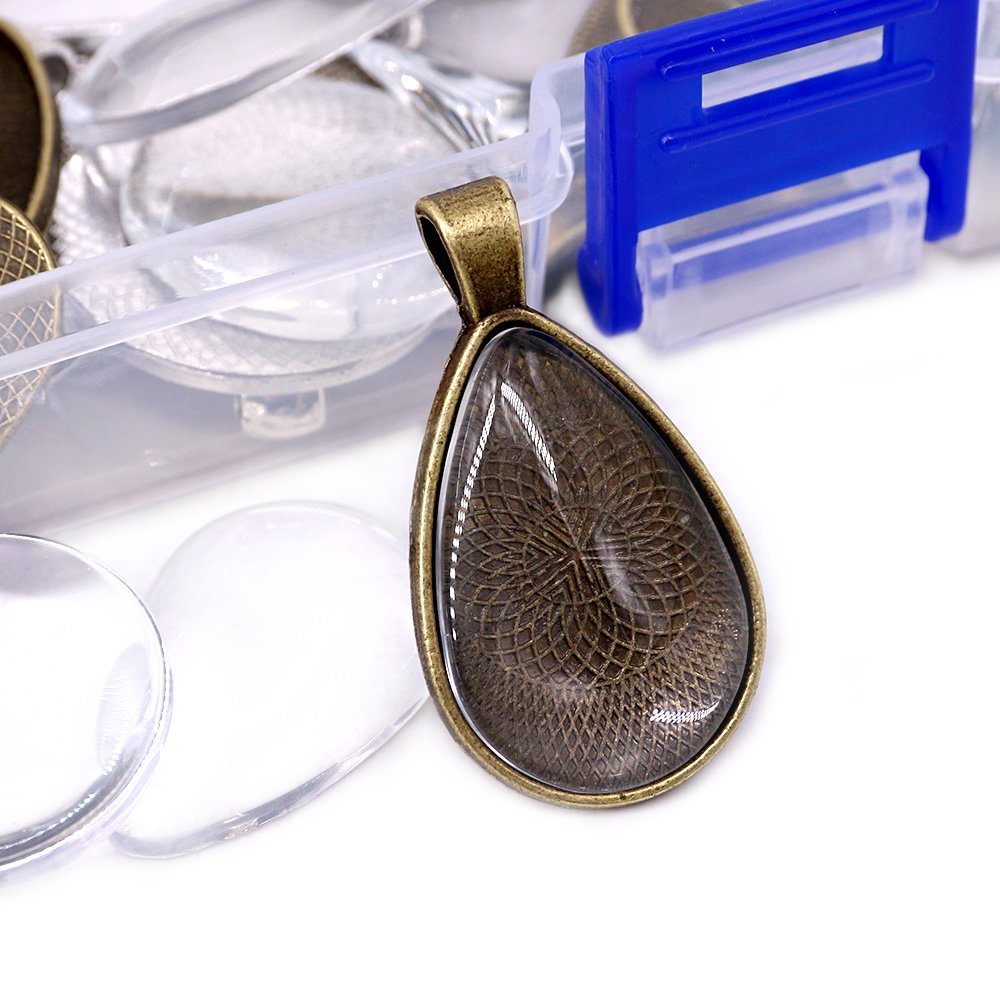 Glarks 48-Pieces 4 Styles Pendant Trays 24pcs Round & Square & Heart & Teardrop and 24pcs Bright Glass Cabochon Dome Tiles for Crafting DIY Jewelry Gift Making 4