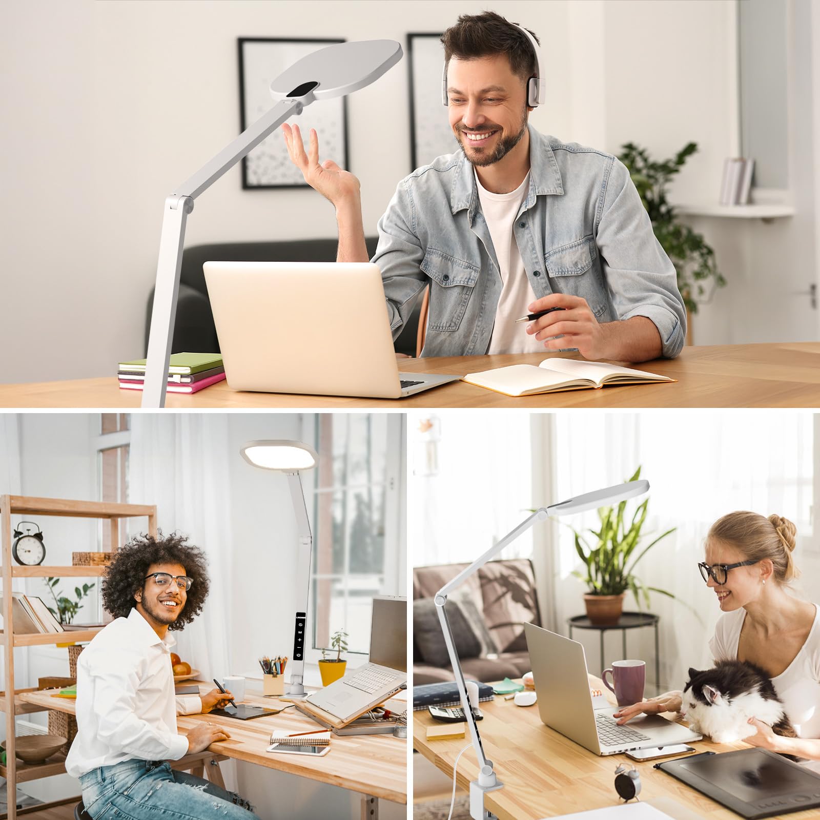 LitONES LED Desk Lamp for Home Office, 15W Desk Light with C- Clamp, Swing Arm, Memory & Timer Function, 1200LM Dimmable Computer Light for Video Calls, Conference, Study (White-Clamp) 3