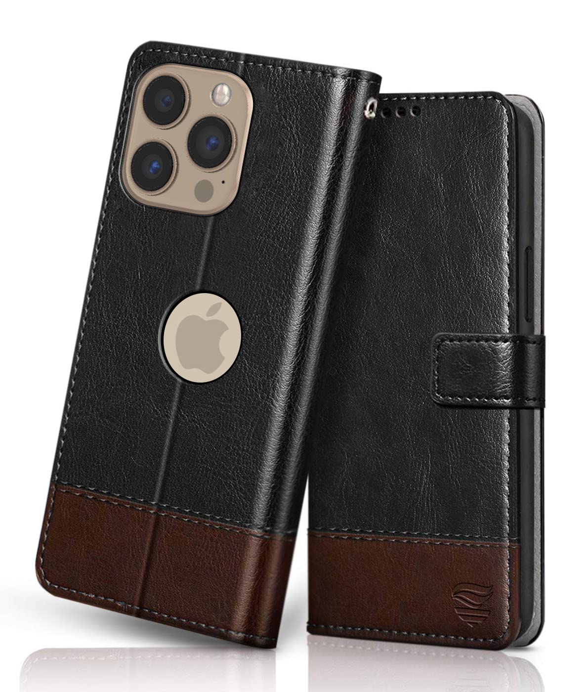 FLIPPED Vegan Leather Flip Case Back Cover for Apple iPhone 13 Pro Max (Flexible, Shock Proof | Hand Stitched Leather Finish | Card Pockets Wallet & Stand | Black with Brown)