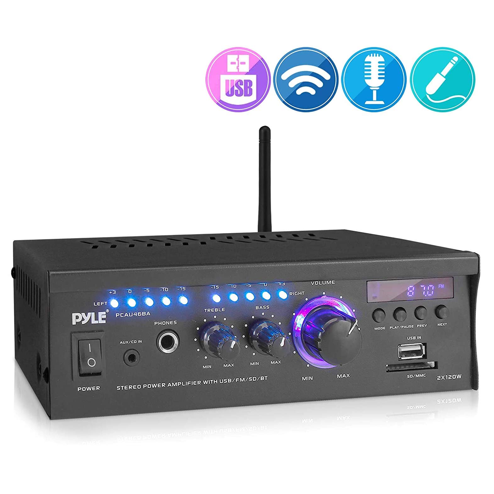 2x120 Watt Power Amplifier Home Audio Bluetooth Receiver System W/Blue Led Display, USB/SD, AUX, RCA, Headphone Jack - Remote 2