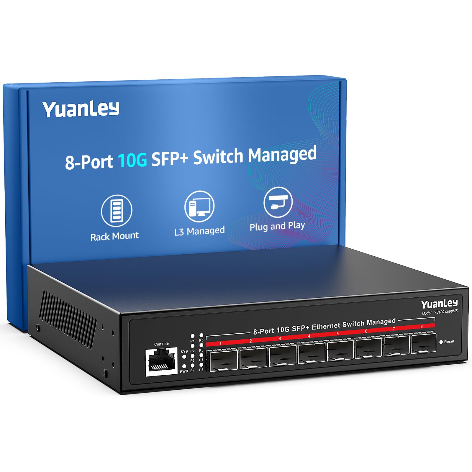 YuanLey 8 Port 10G Managed SFP Switch, 8X 10Gbps SFP+, L3 Smart Managment Ethernet Switch, Link Aggregation, VLAN, QoS, ACL, Rackmount 10Gbe Multi-gig Network Switch, Metal Case, 160Gbps Bandwidth 1
