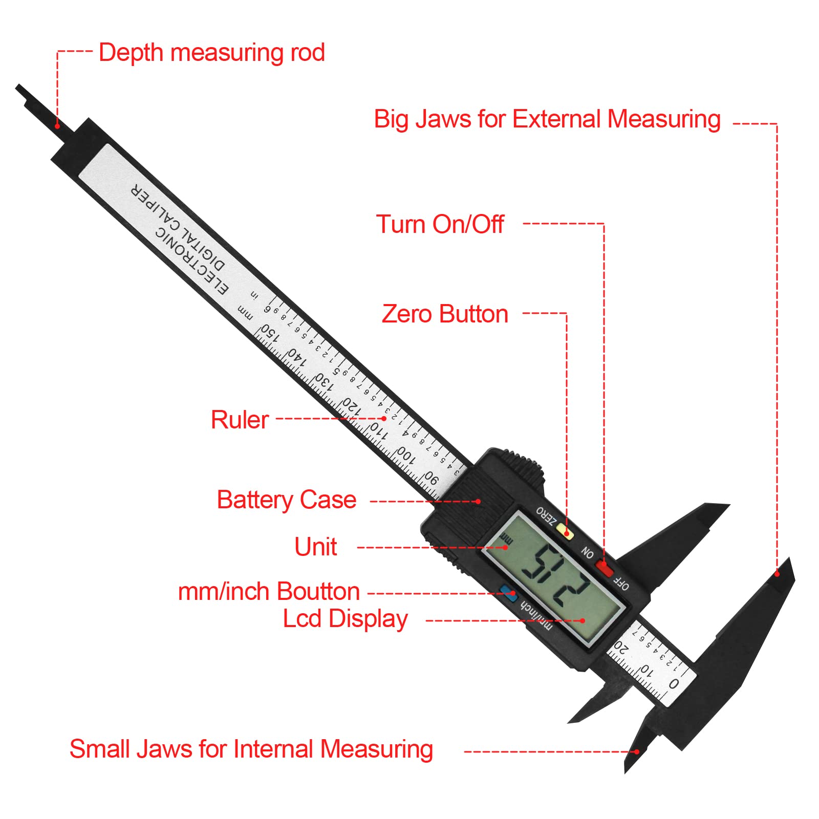 Gvolatee digital caliper of 150mm (6") carbon fiber, with clear LCD and backup battery, professional caliper for outdoor use, depth and step measurement 4
