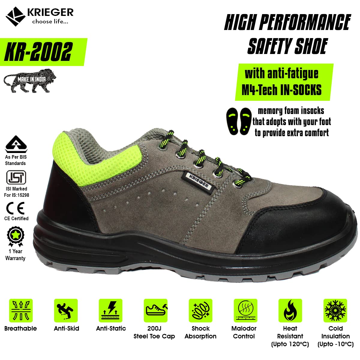 Krieger KR 2002 High Performance Safety Shoe with Anti-Fatigue insocks, Anti-Skid, Heat, Water, Oil & Acid Resistant, 200J Steel Toe Cap, ISI Marked, CE Certified, BIS Approved, Size 10 India/UK Grey 3
