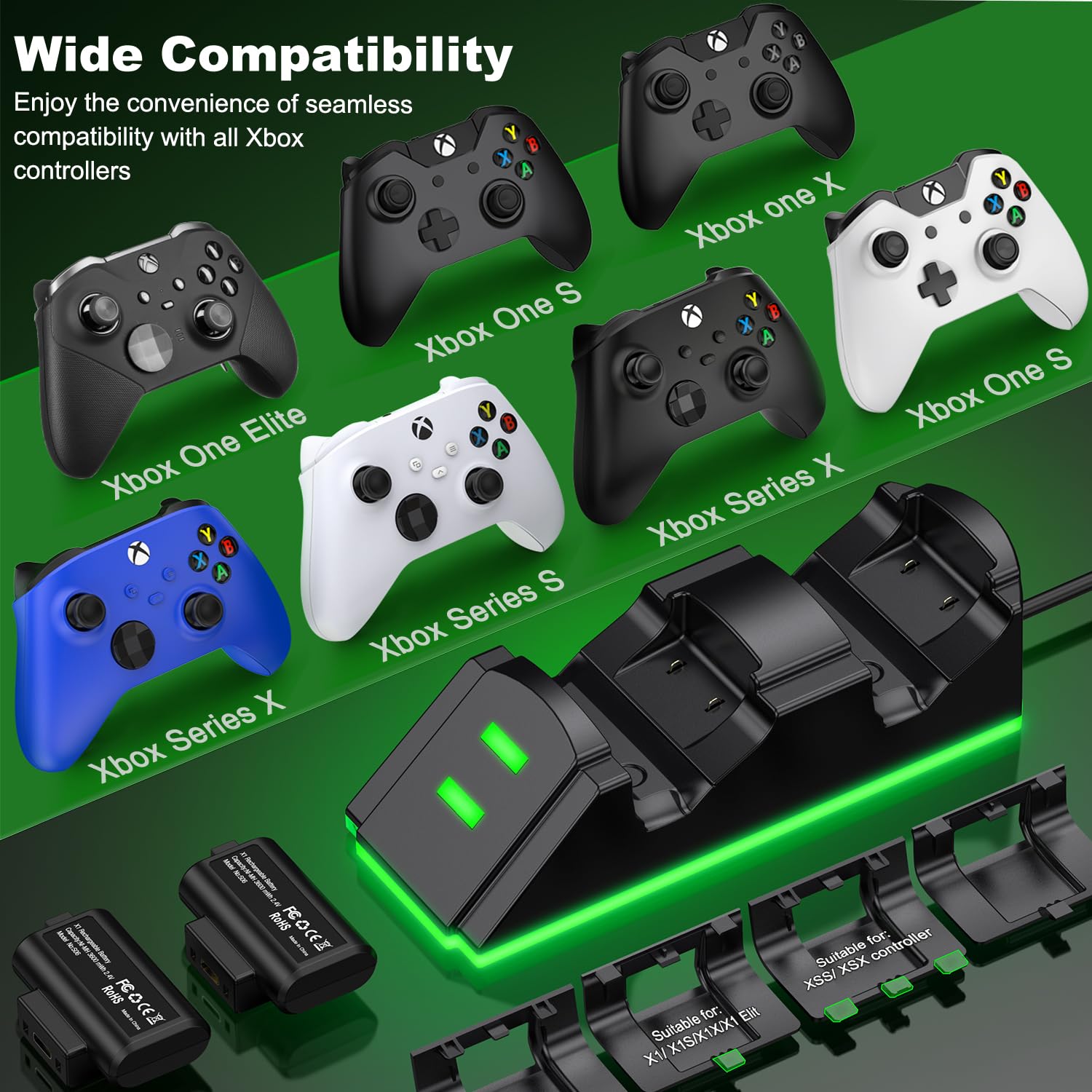 Controller Charger Station for Xbox one, Charging Station for Xbox Controller Battery Pack, 2 x 3600mwh Xbox Rechargeable Battery Pack Compatible with Xbox Series X|S/Xbox One/Xbox One S/X/Elite 6