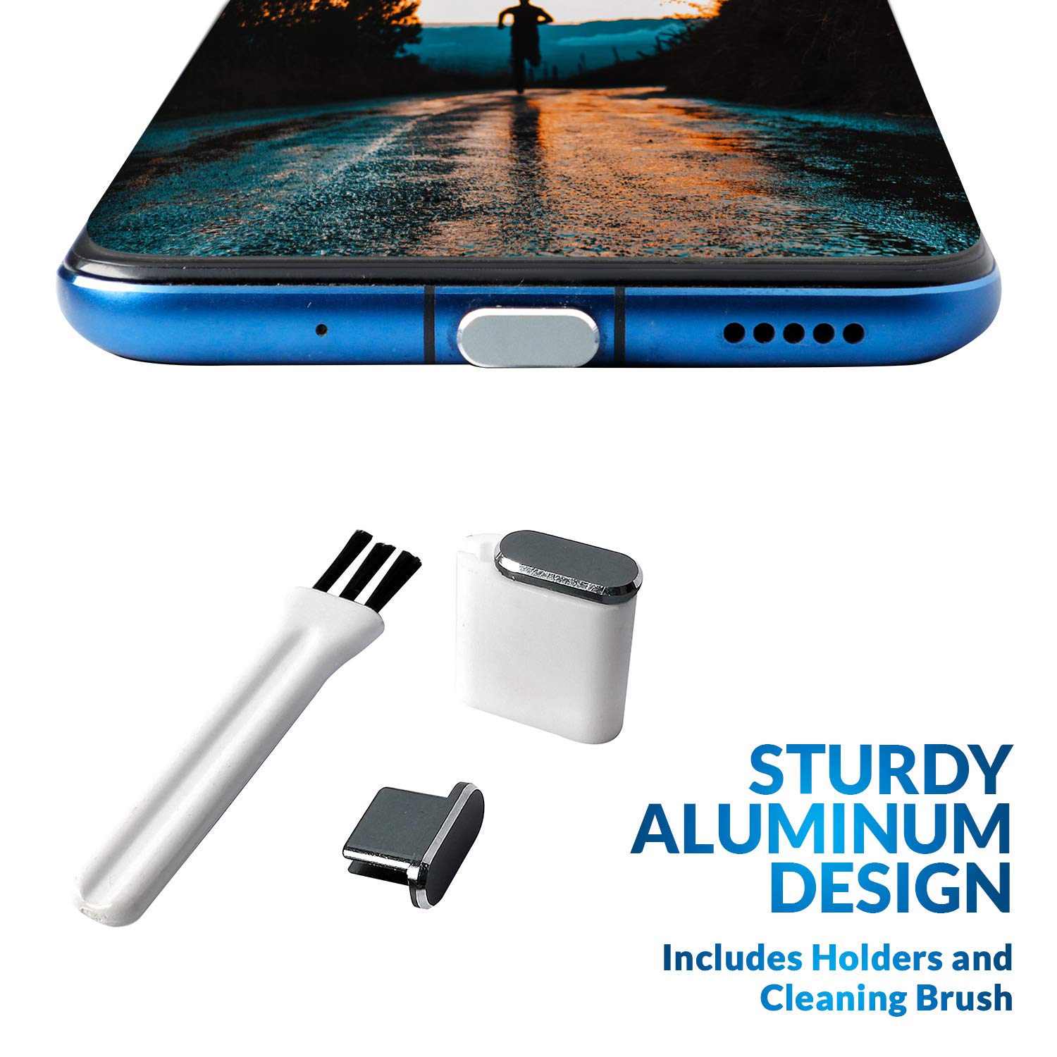 PortPlugs USB C Dust Plugs – Aluminum Protectors for iPhone 16/15, Samsung Galaxy S25/S24/S20, Note, A15, Pixel & Type-C Androids – Includes Cord Holders & Cleaning Brush | Gun Metal (2-Pack) 5