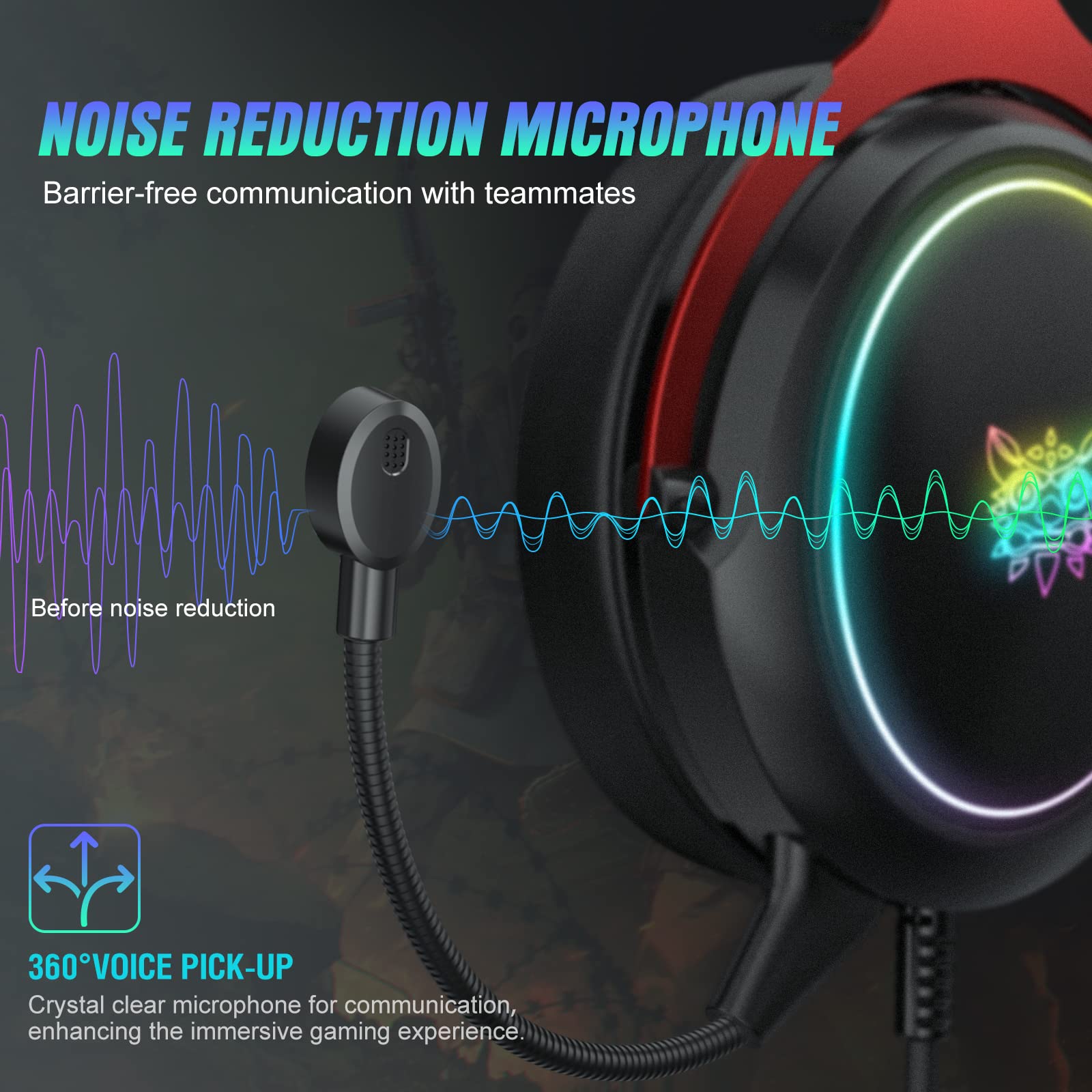 Ajsaki PS5 Gaming Headset with Microphone, PC Headset with Detachable Mic, Noise Cancelling Over-Ear Gaming Headphones with RGB LED Light, 7.1 Surround Sound for Nintendo Xbox One PS4 PS5 (Red) 3