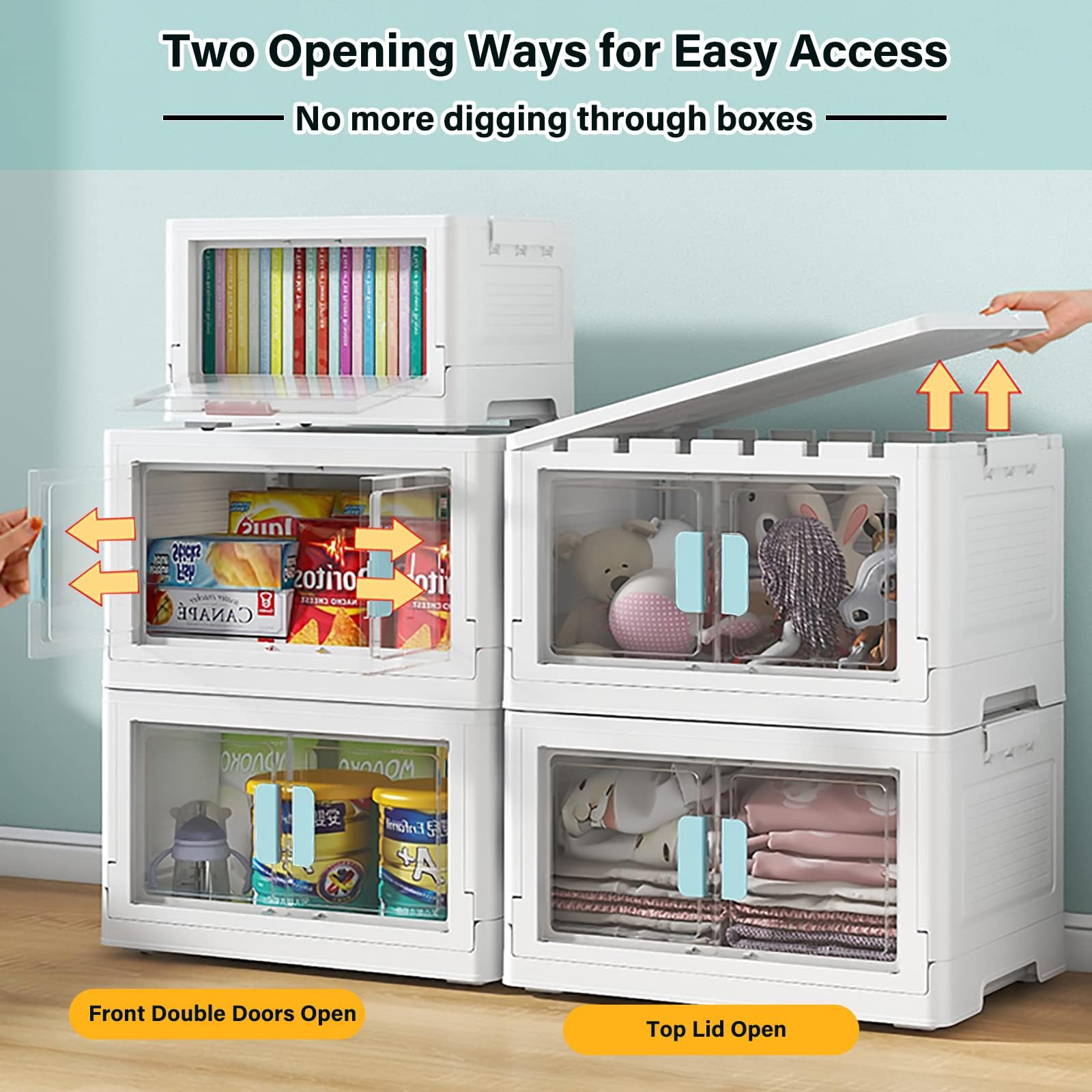 Wardrobe storage organiser, 3 Pack Foldable Storage Boxes Large 50L*3 Stackable Collapsible Clear Storage Boxes Organizer 50 * 36 * 90cm, Front Door Opening for Easy Access, Movable Foldable Container 4