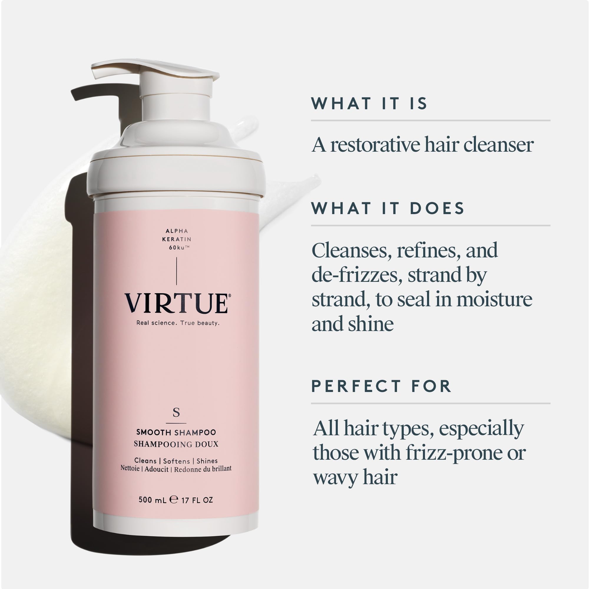 VIRTUE Smooth Sulfate Free Shampoo for Frizz Control for Curly Hair, Safe for All Hair Types, Color Safe 3