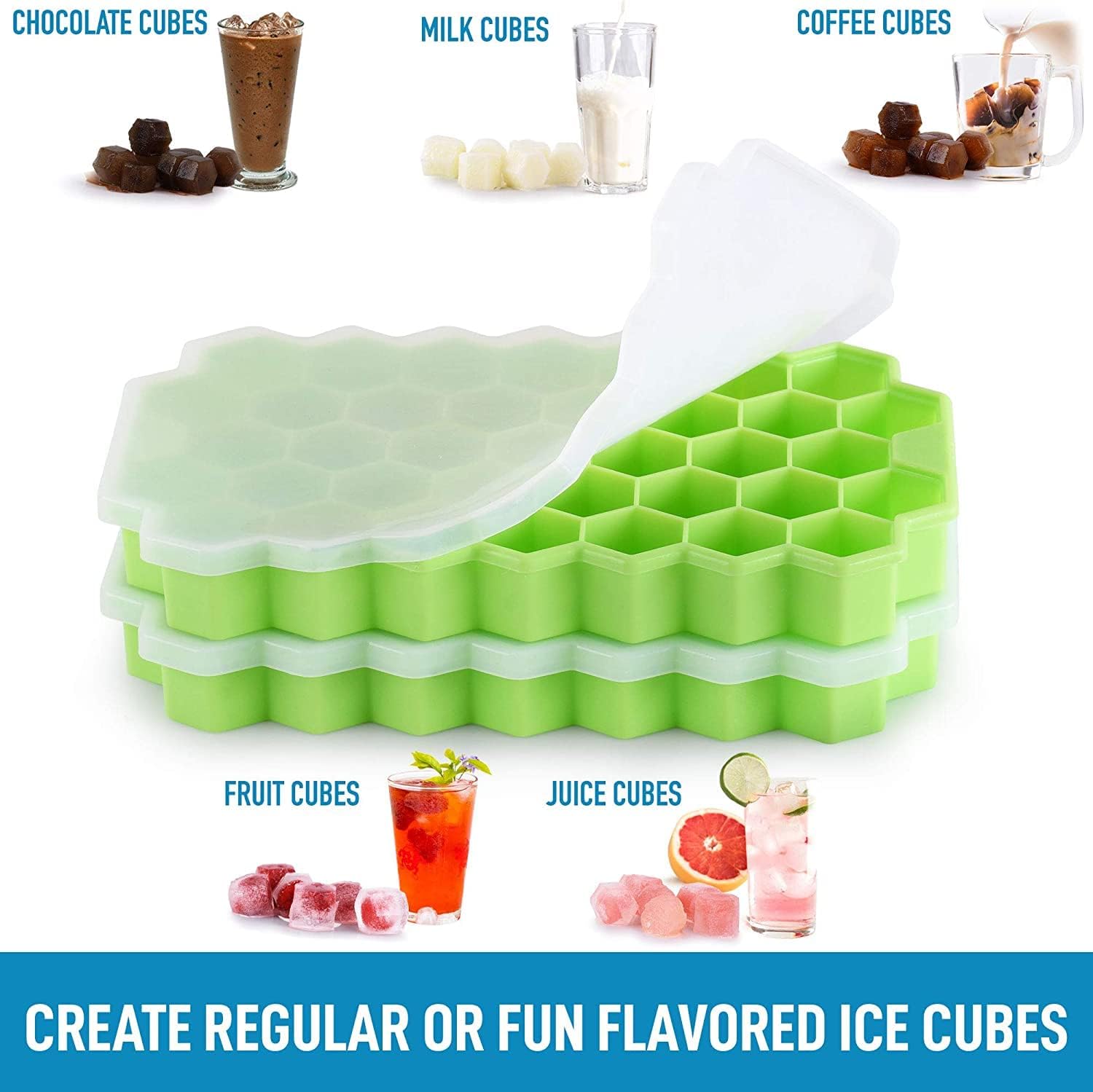2 Pcs Ice Cube Trays Silicone Ice Cube Molds, Easy-Release and Flexible 37 Ice Trays BPA Free, for Whiskey Cocktail, Stackable and Safe Ice Honeycomb Small Cubes Fridge Bar Soft Tray (with Lid) (2) 5