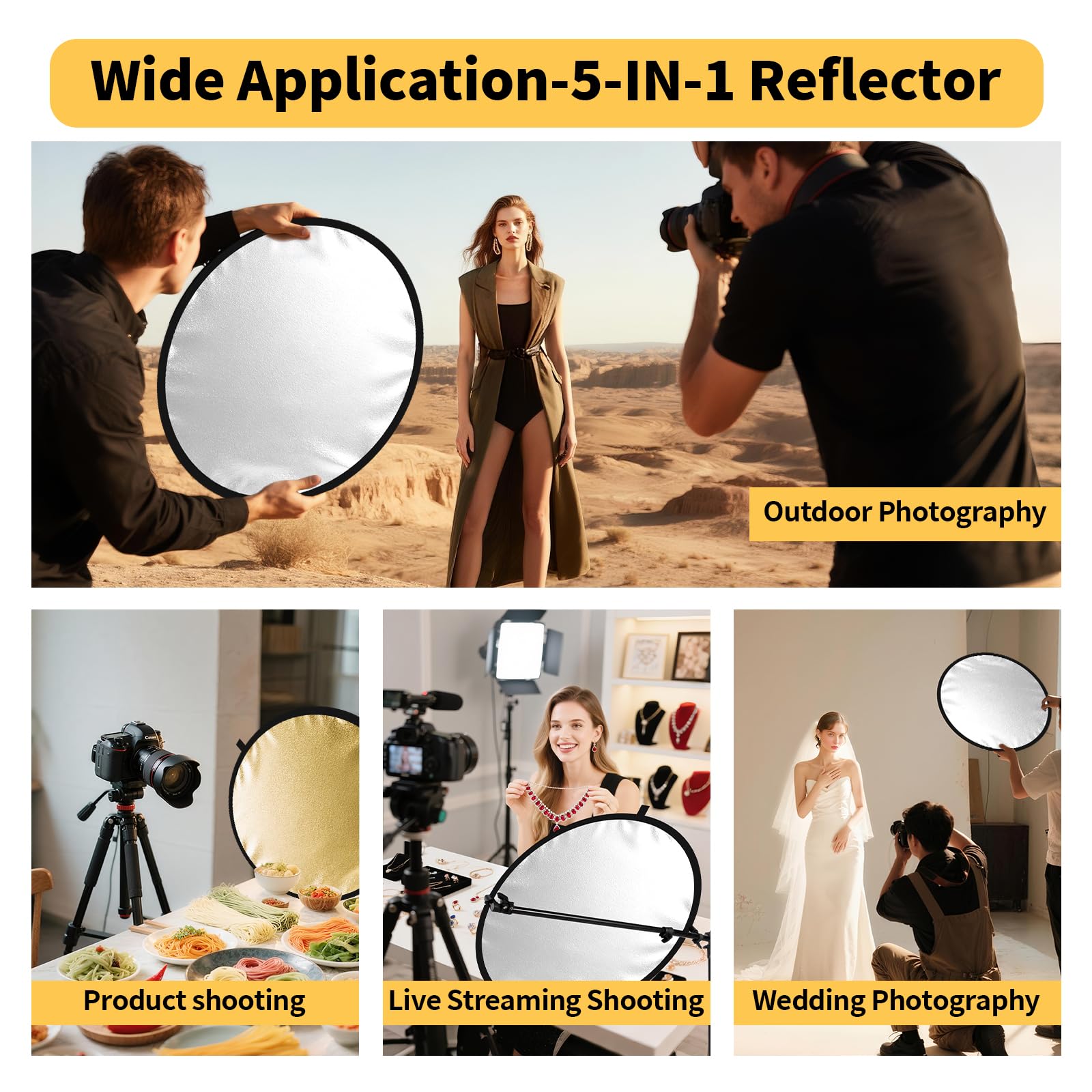 24/32/43/52in Photography Reflector, 5 in 1 Light Diffuser with Panel&Bag, Light Reflectors for Photography, Ideal for Content Creator Essentials&Photographer in Silver,Gold,White and Black 6
