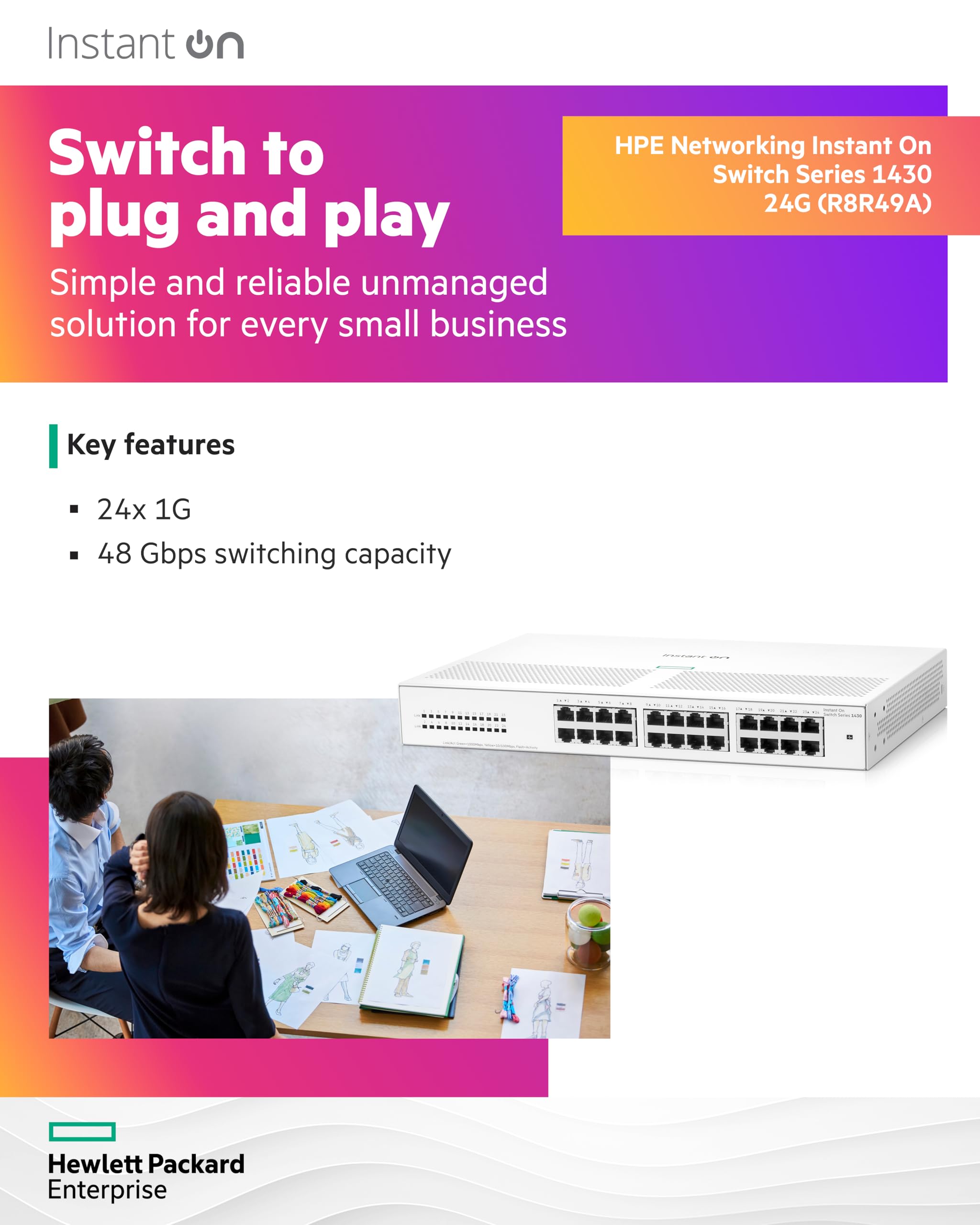HPE Networking Instant On Switch Series 1430 24-Port Gb Unmanaged Layer 2 Ethernet Switch | 24x 1G | Fan-Less | US Cord (R8R49A#ABA) 3
