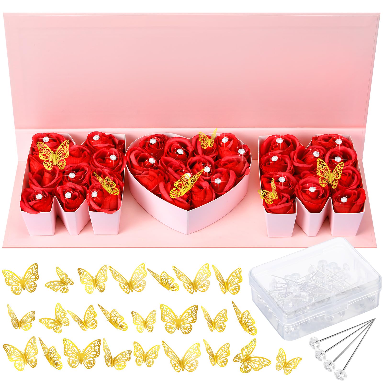 Cholemy Mother's Day MOM Empty Flower Gift Box Letter Shaped Fillable MOM Gift Box with Plastic Liners 24 Gold Butterfly Decor 50 Bouquet Flower Pins DIY Craft Gift Set for Valentine Birthday (Pink) 1