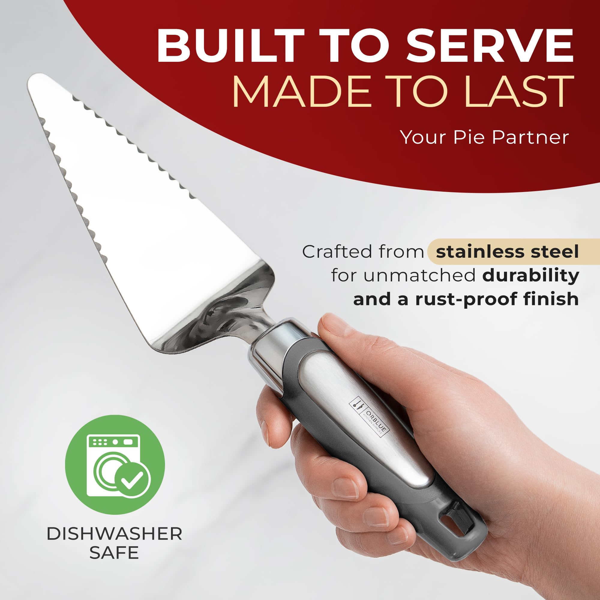 Orblue Pie Server, Essential Kitchen Tool, Serrated on Both Sides, Great for Right or Left Handed Chef, Stainless Steel Flatware, Cake Cutter, Gray 3
