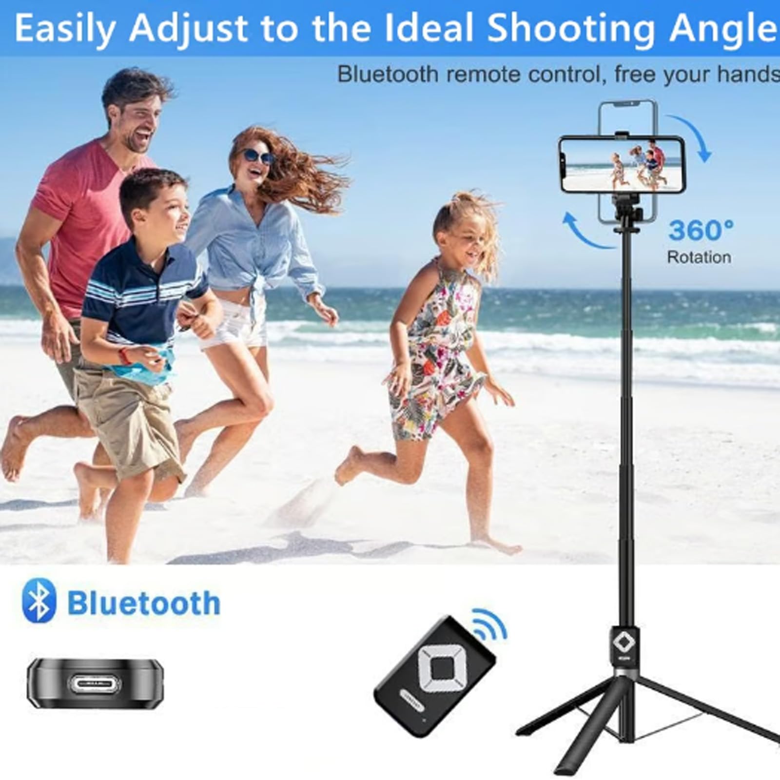 2024 Upgraded 67" Phone Extendable Tripod Wireless Bluetooth Selfie Stick, Phone Stand Selfie Stick Tripod Easy Stand and Go, Selfie Stick Tripod with Remote (Black, One Light) 4