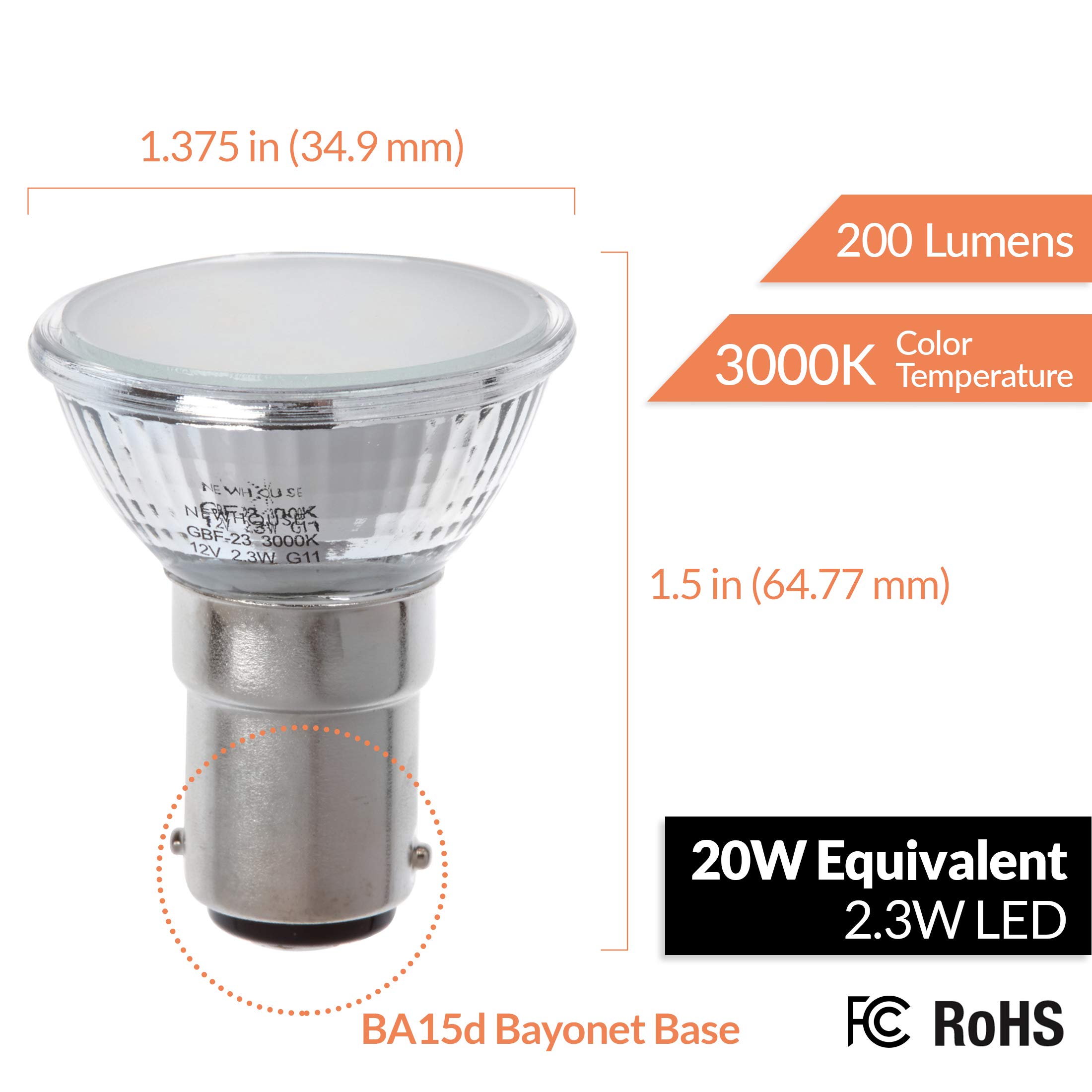 Newhouse Lighting 1383-2320-4 LED Elevator Bulb, 1383 Base BA15S Halogen Replacement, 200 Lumen, 12V, 3000K, White, 4-Pack 2