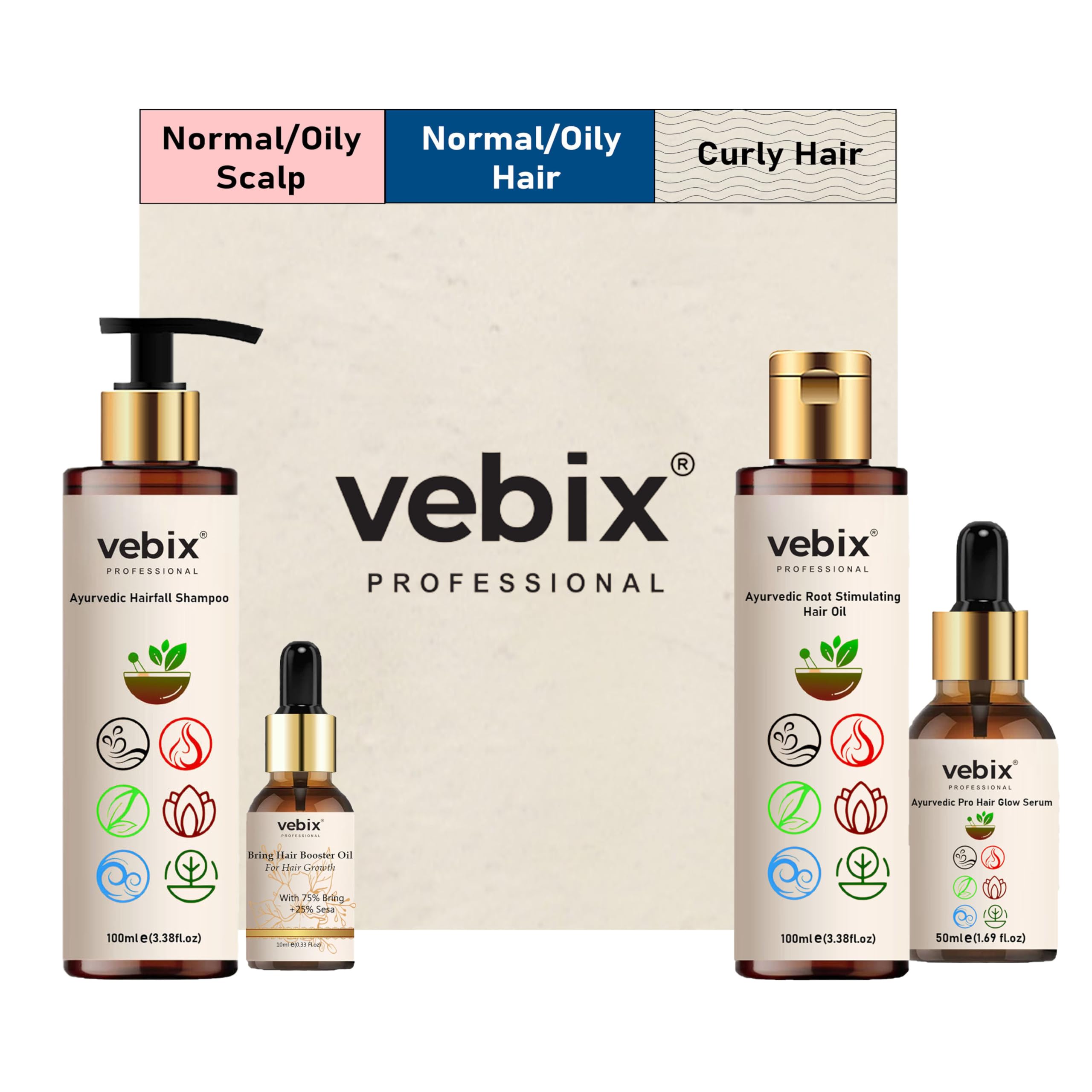 VebixProfessional Customised Regimen -4 Ayurvedic Product Kit - HairFallControl- AntiHairFall Neem Oil +Lotus AntiHairfall Shampoo + Hair - ShinningSerum & BoosterSerum -8.79 Fl.oz (Normal Hair) 1