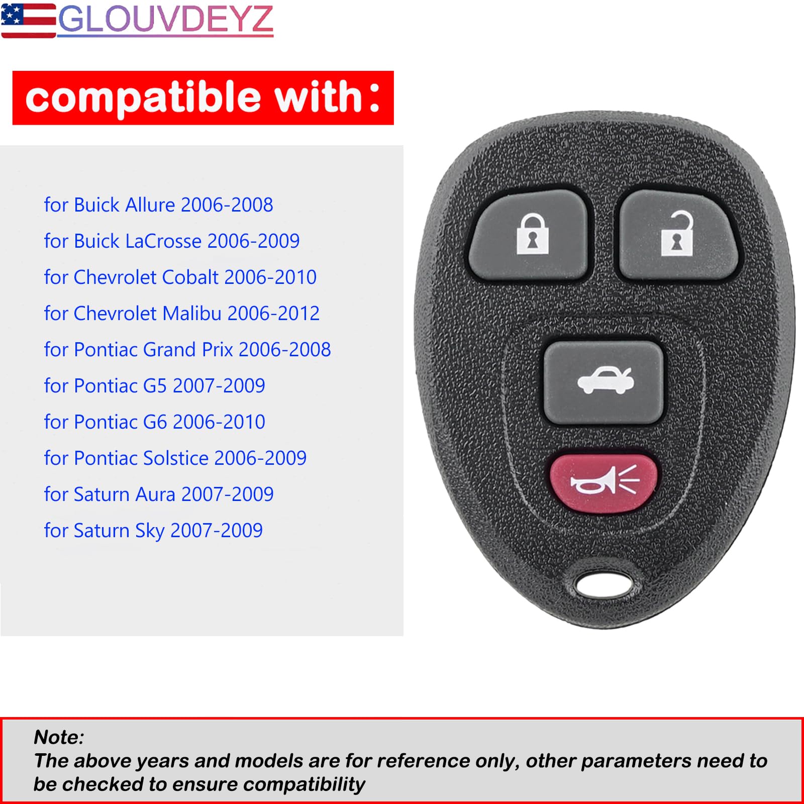 Keyless Entry Car Remote Key Replacement Fits for Chevy Cobalt Malibu for Chevy Select Malibu Cobalt Lacrosse Grand Prix G5 G6 Models Saturn Aura Sky 15252034 KOBGT04A (2PCS) 5