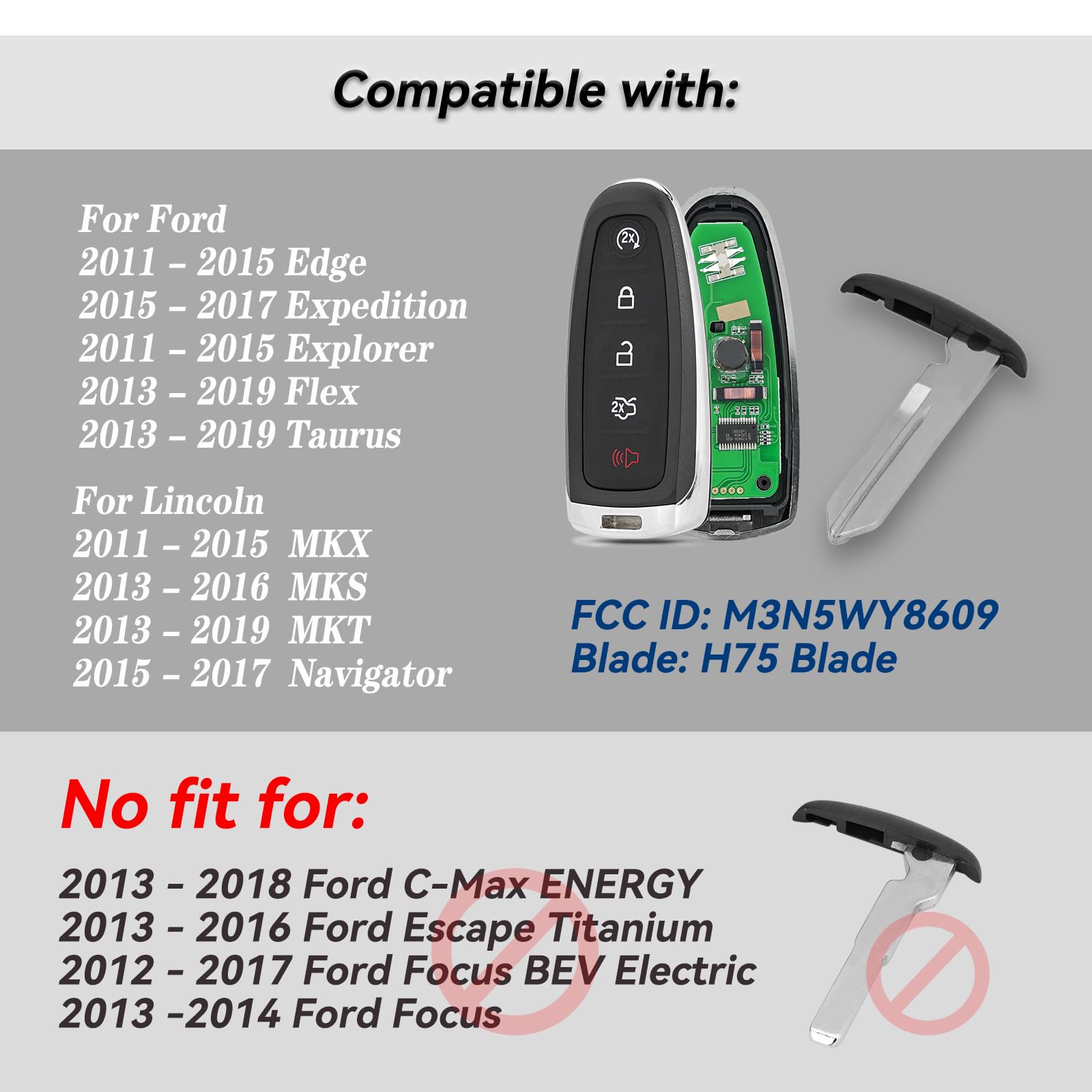 Key Fob Replacement Remote DIY Kit for Ford Explorer Edge 2011 2012 2013 2014 2015 Expedition Flex Taurus 2013-2016 2017 2018 2019 Lincoln MKS MKT MKX Navigator Remote Fob M3N5WY8609 4