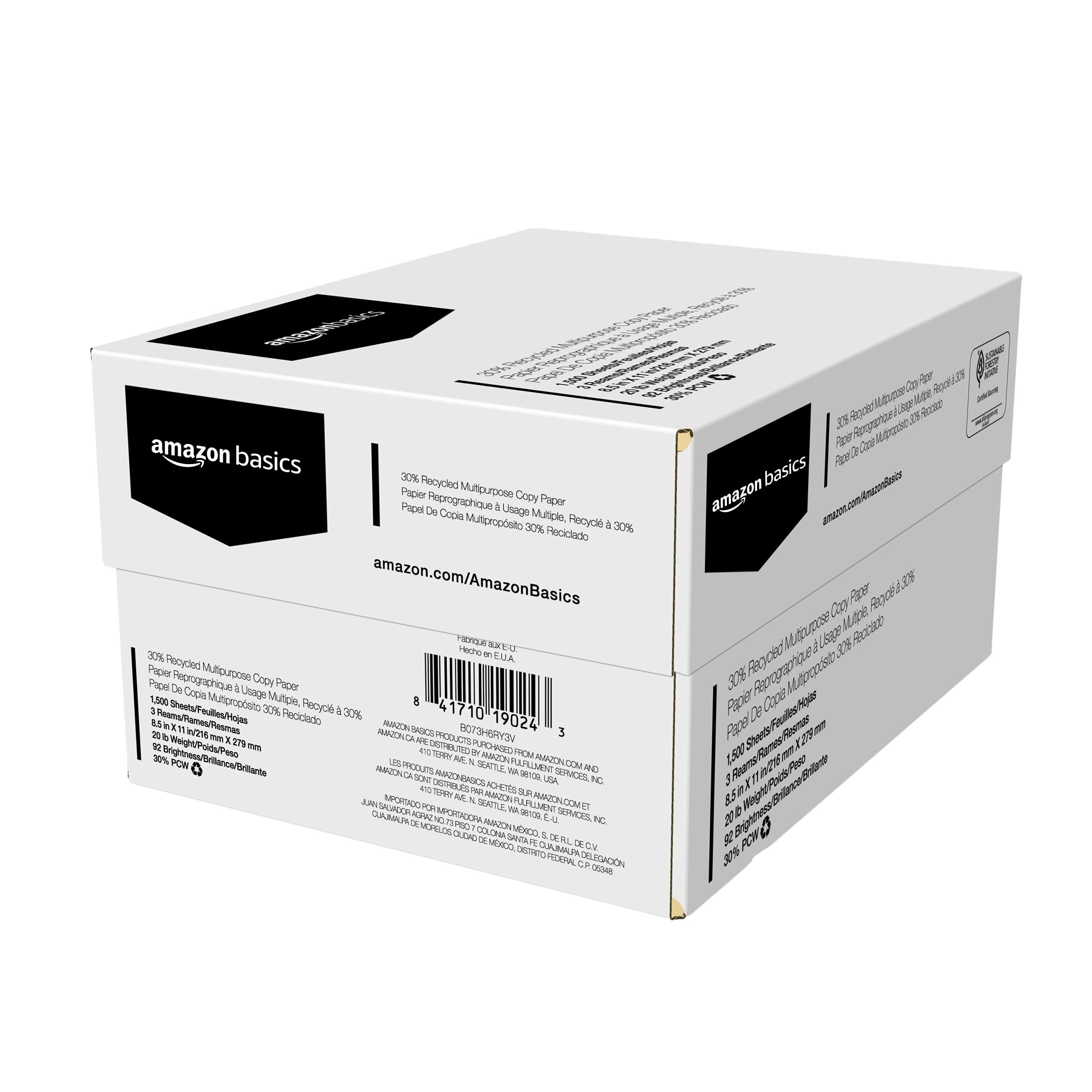 Amazon Basics 30% Recycled Multipurpose Copy Printer Paper, 8.5 x 11 Inches, 20 lb, 3 Ream, (1,500 Sheets), 92 Bright, White 2