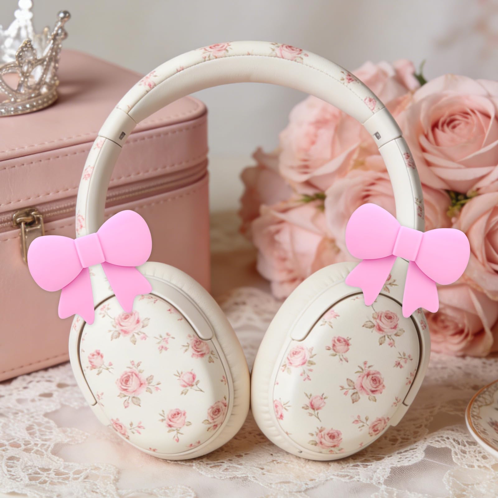 2pcs Pink Bow Decor Headphone Accessories, Adjustable Silicone Headphone Headset Attachment Accessories Charms 3D Cute Earphone Gaming Girly Gamer Decorations Supplies Her Gift Birthday for Women 4