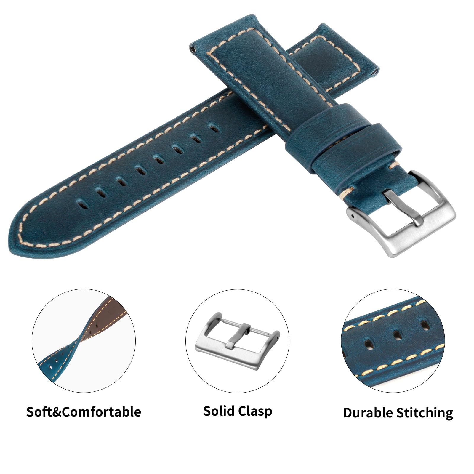 TStrap Leather Watch Band 22mm - Blue Vintage Soft Watch Strap for Men Thickly - Padded Smart Watch Bands Bracelet w/Clasp Buckle Replacement 4