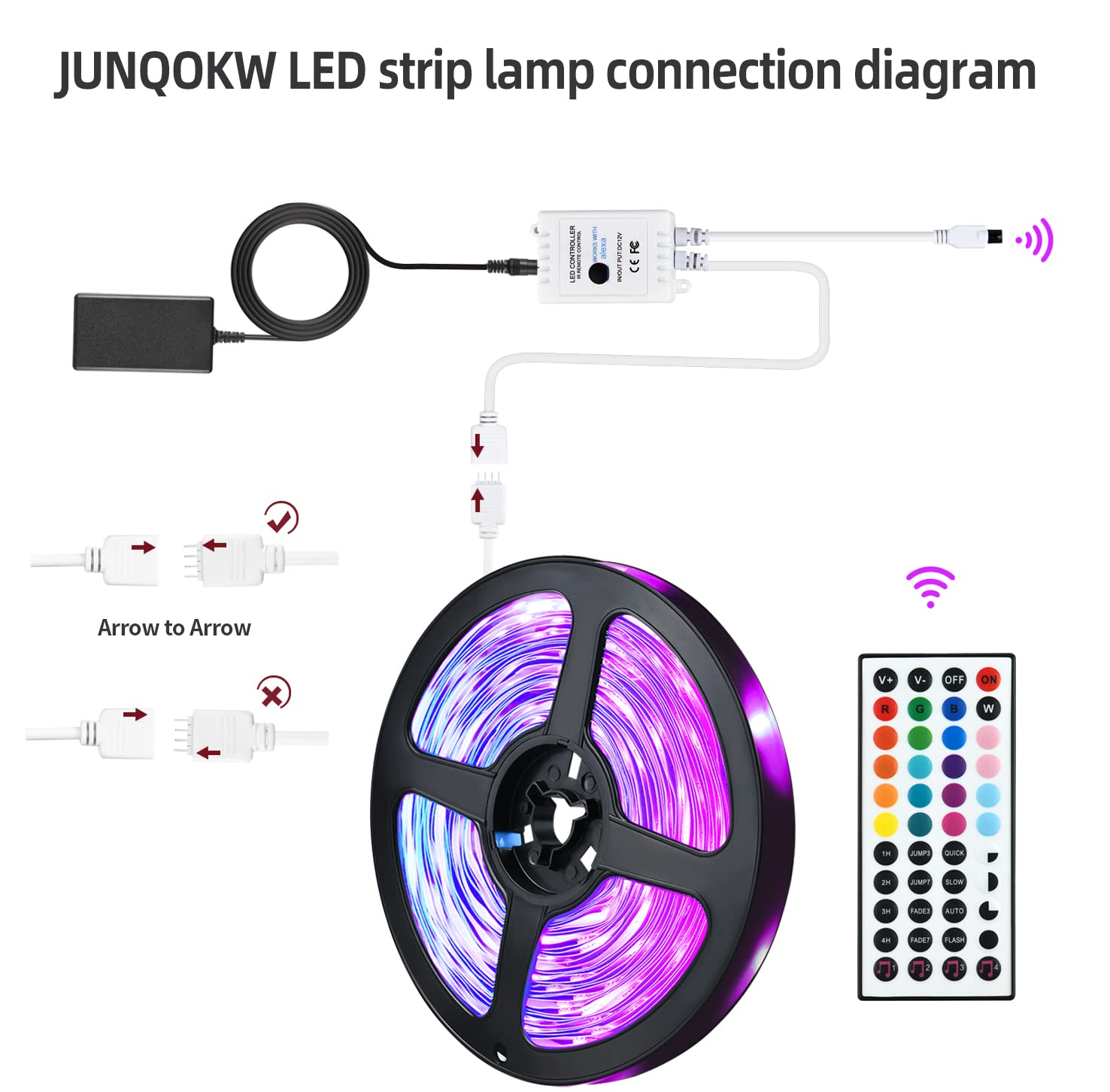 JUNQOKW 65.6ft Smart LED Strip Lights for Bedroom Music Sync LED Light Strips Work with Alexa,5050 RGB Color Changing LED Kit Lights with 44 Keys IR Remote Control,Home and Kitchen Decorations 6