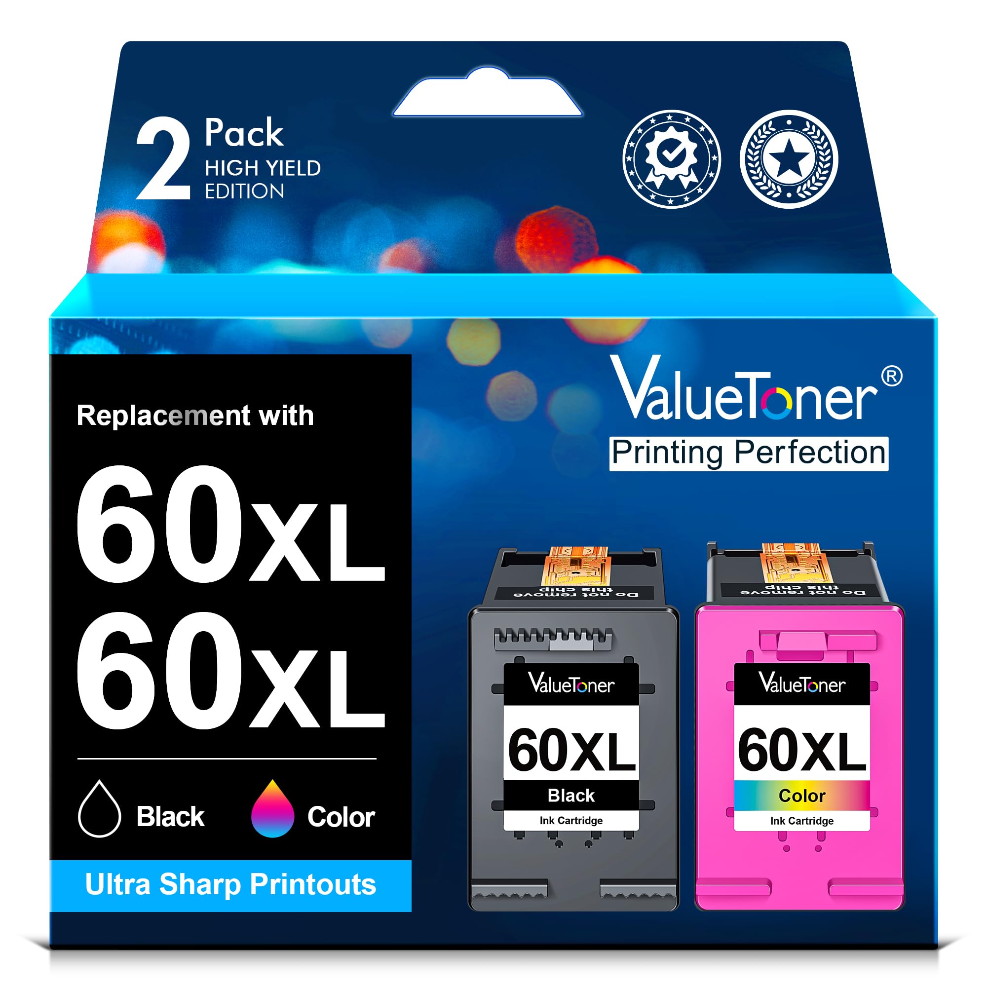 Valuetoner Remanufactured 60XL Ink Cartridge Replacement for 60 Ink Cartridge Combo Pack Color and Black 60XL High Yield for PhotoSmart D110 C4680C Deskjet D2680 F2430 Envy 110 120 Printer (2 Pack)