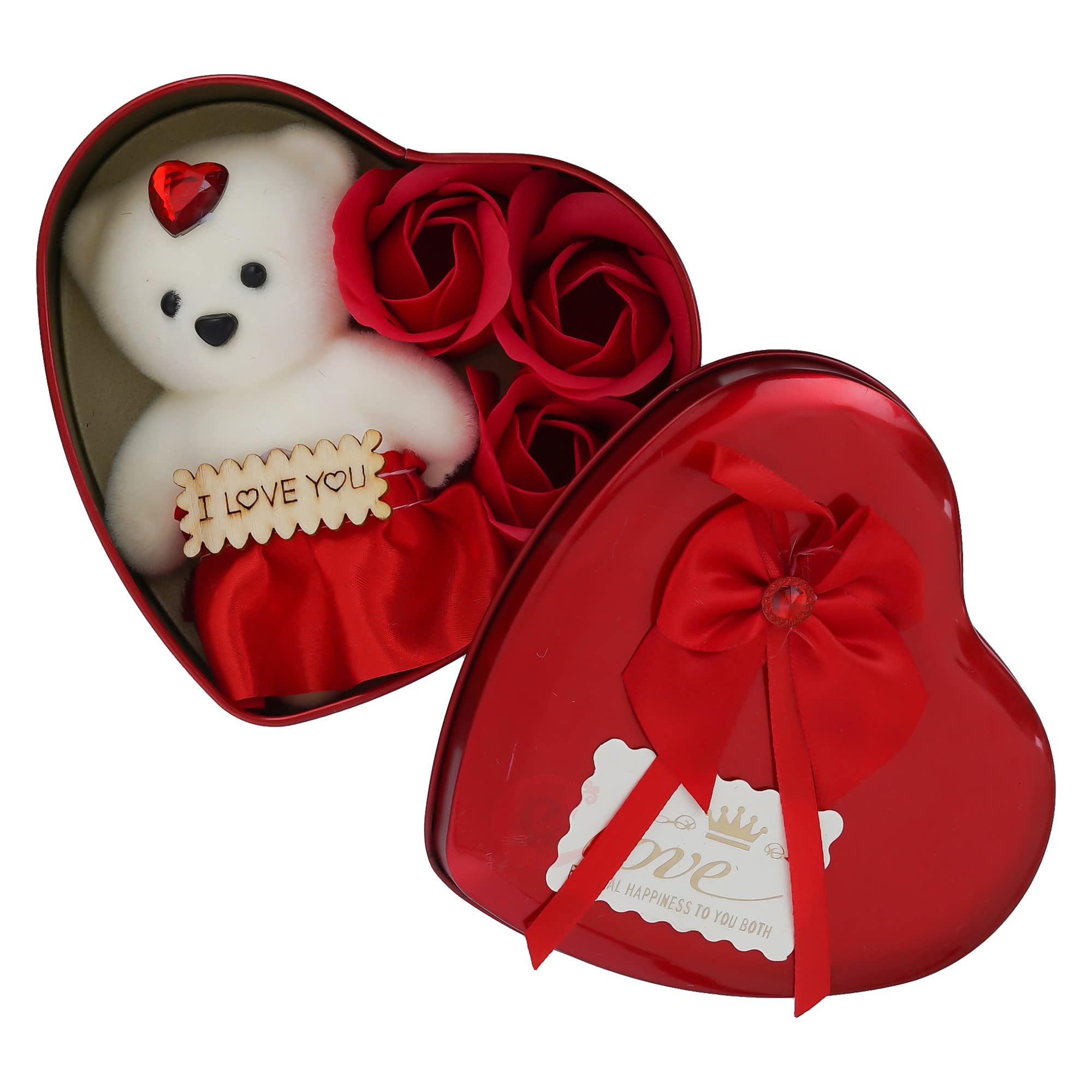 eCraftIndia Heart Shaped Valentine's Day Gift Box with I Love You Message, White Teddy Bear, and 3 Red Roses- Gift for Husband, Wife, Girlfriend, Boyfriend - Suitable for Teddy Day, Anniversary 4