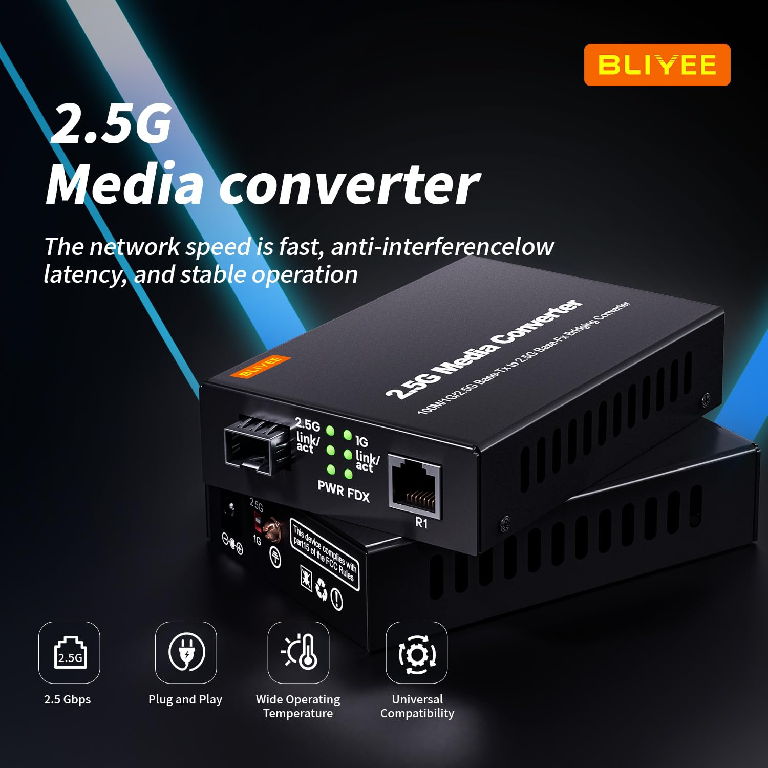 BLIYEE 2.5G Media Converter, Unmanaged 1x 100M/1G/2.5G Base-T Fiber Transceiver, SFP to RJ45 Converter, Support 2.5GBase-SR/LR Transceiver, Auto-Negotiation, Plug and Play 3