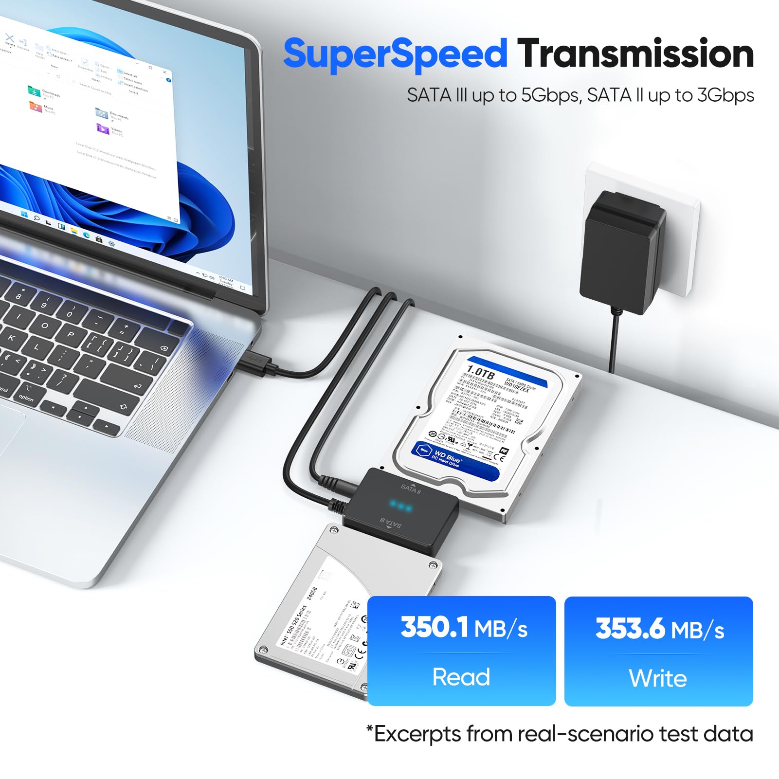 SATA to USB Adapter with Power Supply, Hard Drive Docking Station for 2.5'' SSD 3.5'' HDD Hard Disk, HDD Duplicator Data Transfer Recovery Converter Up to 20TB, Support UASP Seagate WD Toshiba 4