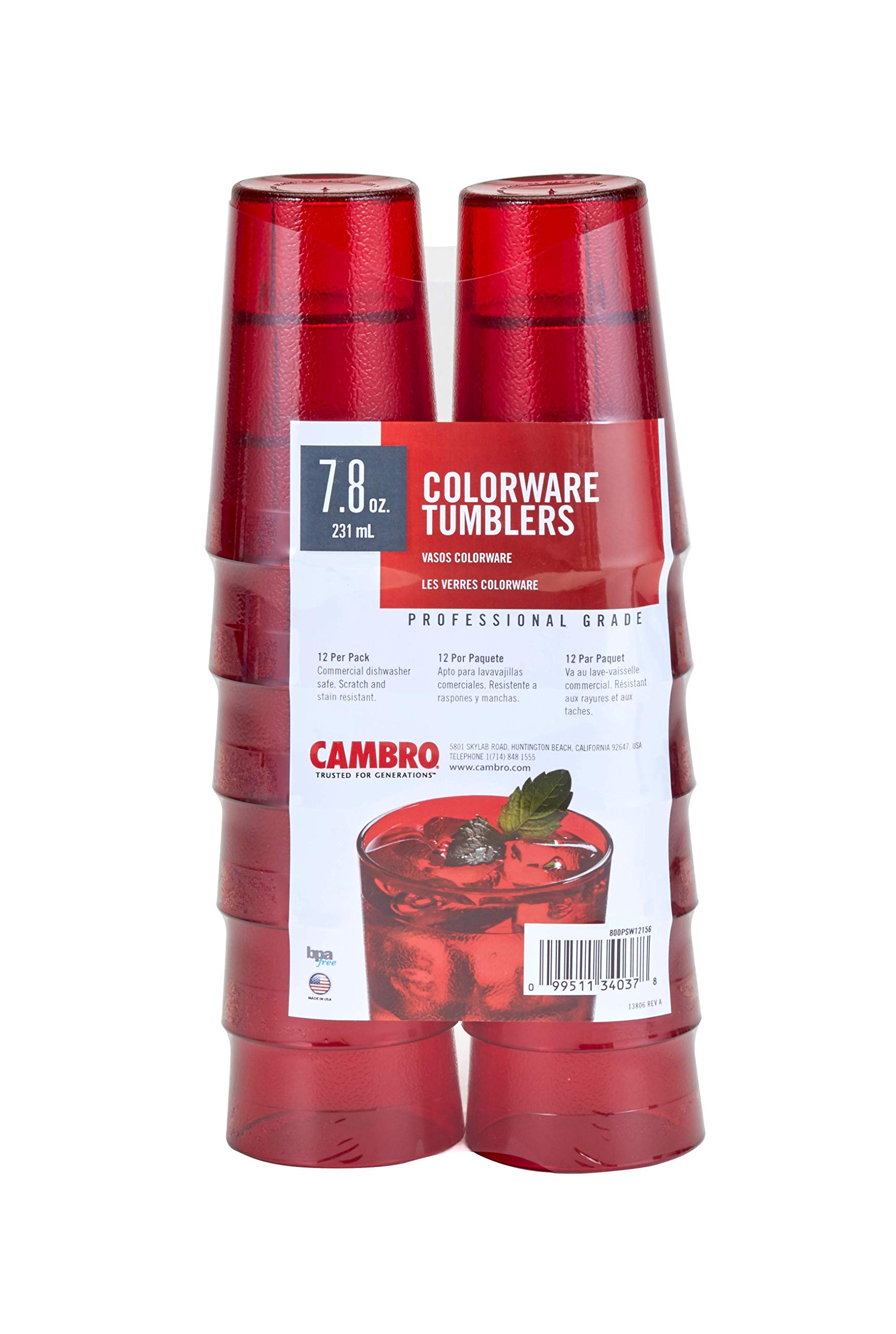 Cambro 800PSW12156 Multi Pack Colorware Tumbler 8 oz. Ruby Red Case of 72 1
