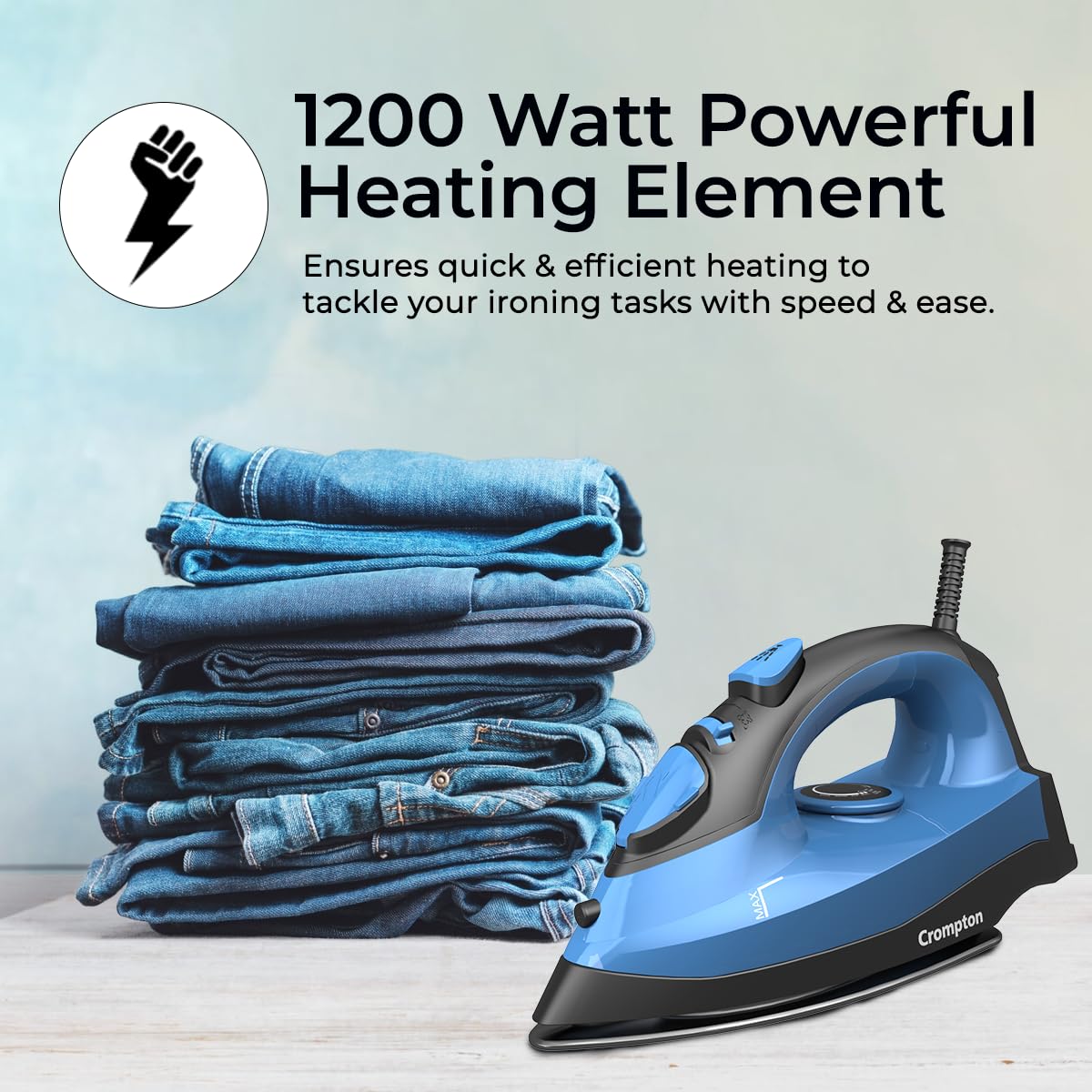 Crompton Fabrimagic Neo 1200 W Steam Iron with 180 ml water tank, Upto 15g /min Steam Output with Vertical Steaming and Non-Stick Soleplate (Blue), 6 Fabric Settings. 4