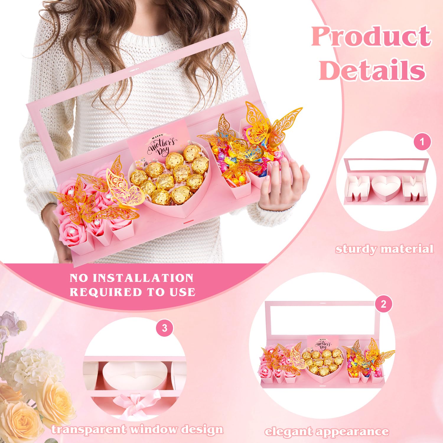 QAUYETM Empty Flower Gift Box for Mom Thicker Letter Shaped Fillable Gift Box with 10 Flowers 50 Bouquet Pins 12 Gold Decor Butterfly Raffia Paper Shreds A Card for DIY Mother's Day Birthday 5