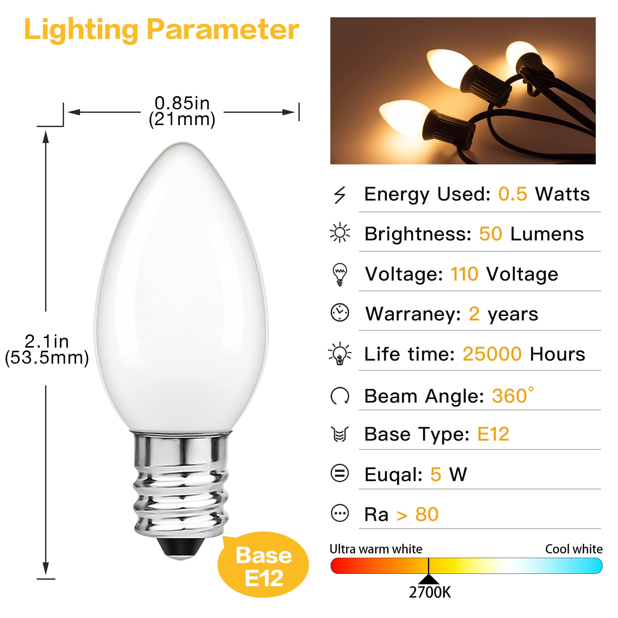 Low Watt Led Light Bulbs 0.5W Equivalent 5W Incandescent Small Night Light Bulb Warm White 2700K Milky C7 Candelabra Led Light Bulbs for Wall lamp Chandeliers E12 Screw Base Low Lumens Light Bulbs 2