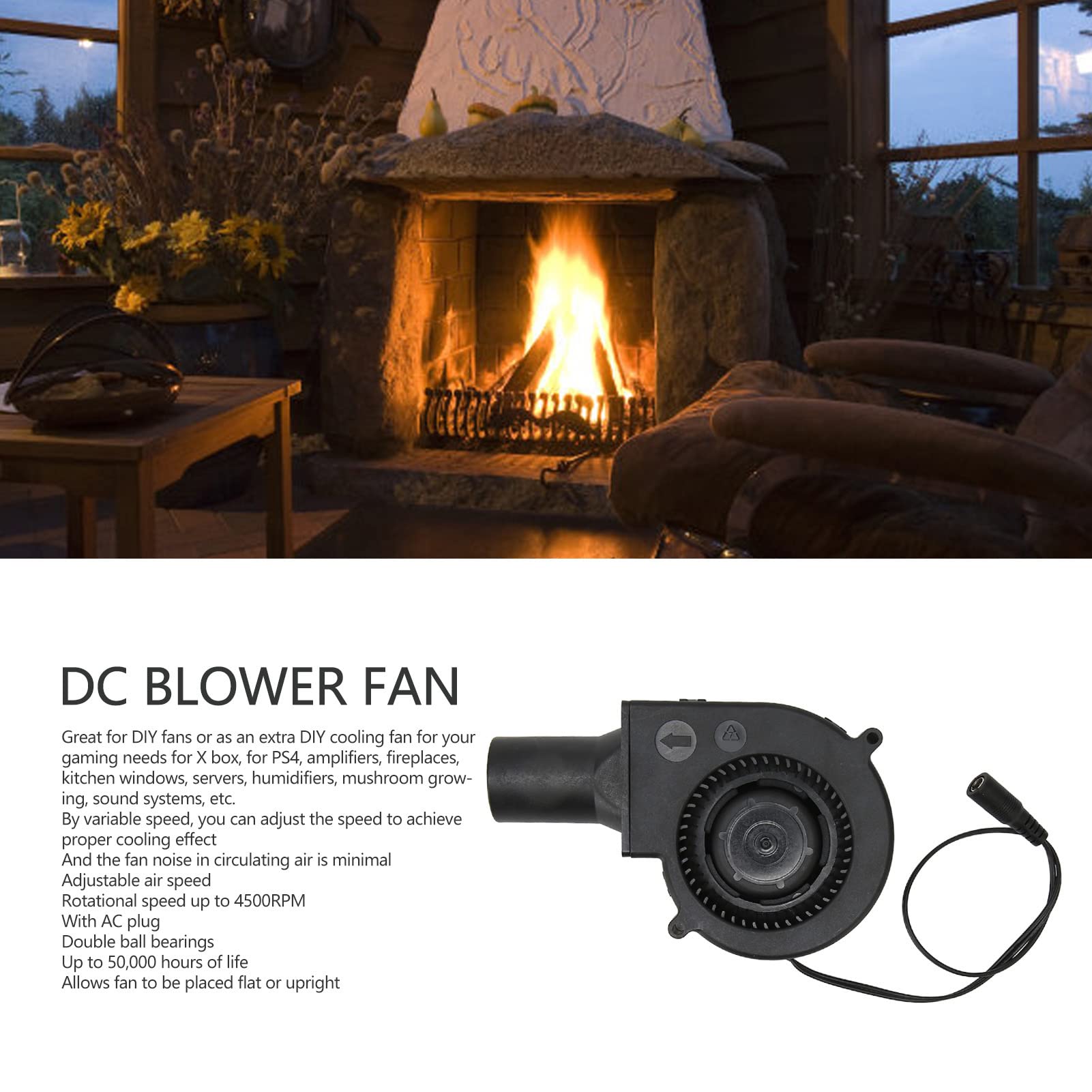 DIY Blower Fan 97x97x33mm 12V 2.7A, 4500RPM Variable Speed Ball Bearing Cooling Fan for Gaming, Amplifier (US Plug) 5