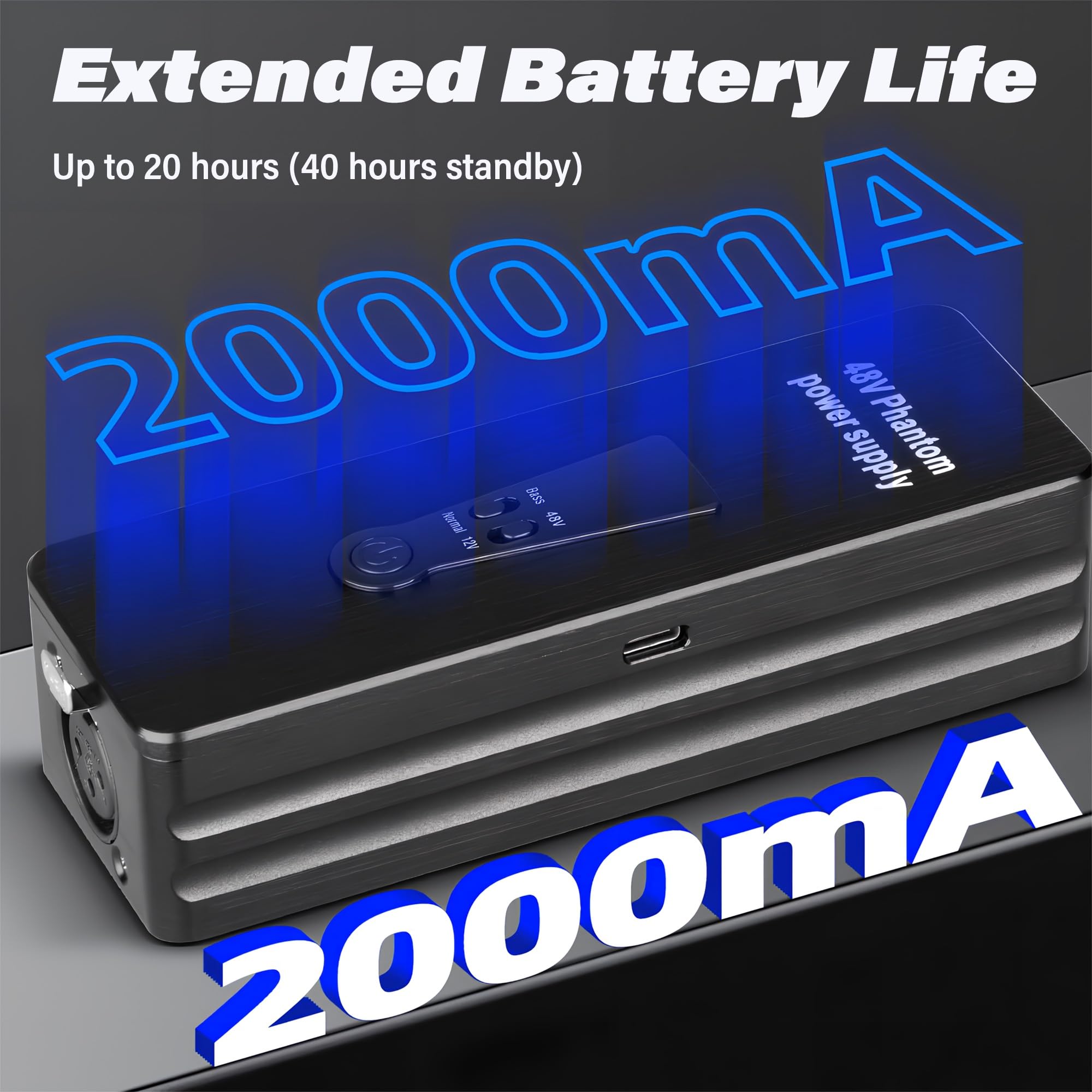 Phantom Power Supply, 48V 12V Rechargeable Portable Phantom Power Supply with LCD Display for Condenser Microphone Shotgun Mic, for Interview Audio Interface Recording Studio Sound Mixer 4