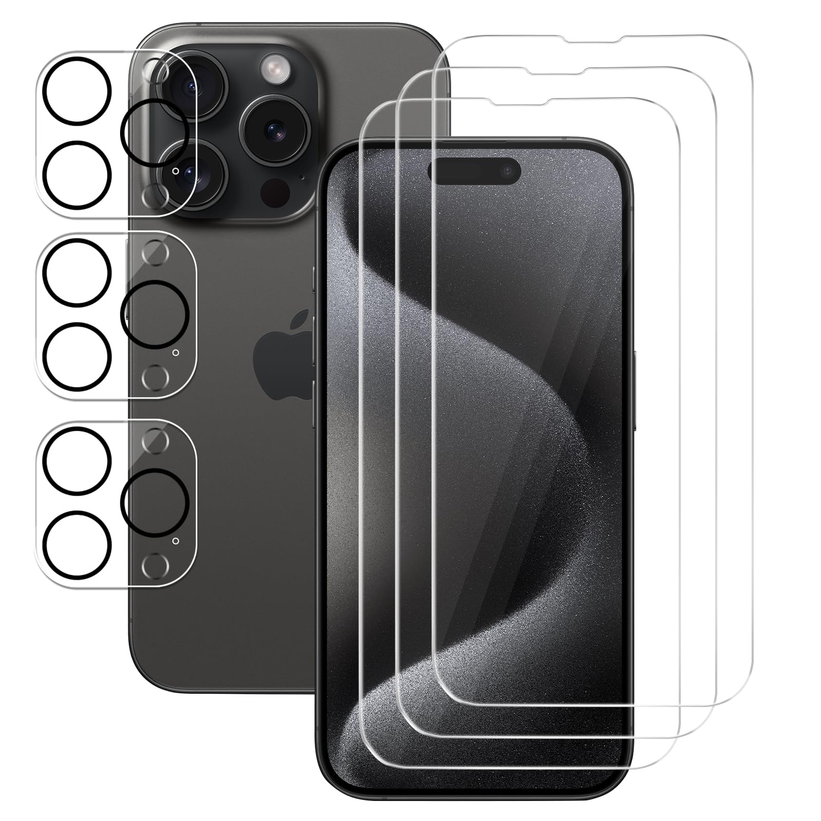 GLIMALL 3 Pack Screen Protector for iPhone 15 pro with 3 Pack Camera Lens Covers, HD Tempered Glass, 9H Hardness, Full Coverage, Scratch-Resistant, Waterproof, Bubble-Free