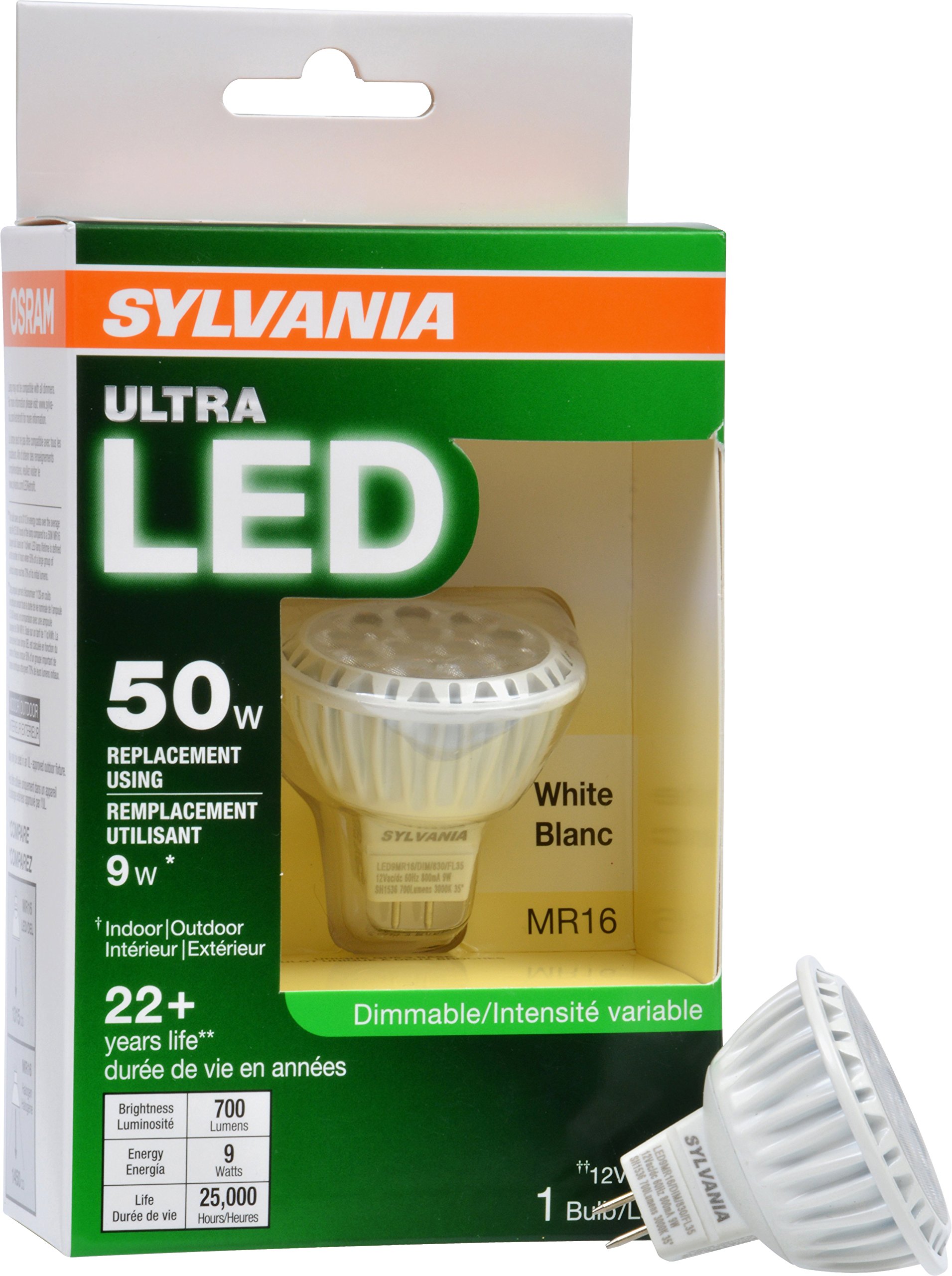 SYLVANIA Ultra LED Light Bulb dimmable 9W Replacing 50W Halogen MR16 12V / G4 Bi-Pin Base / 3000K - warm white 3