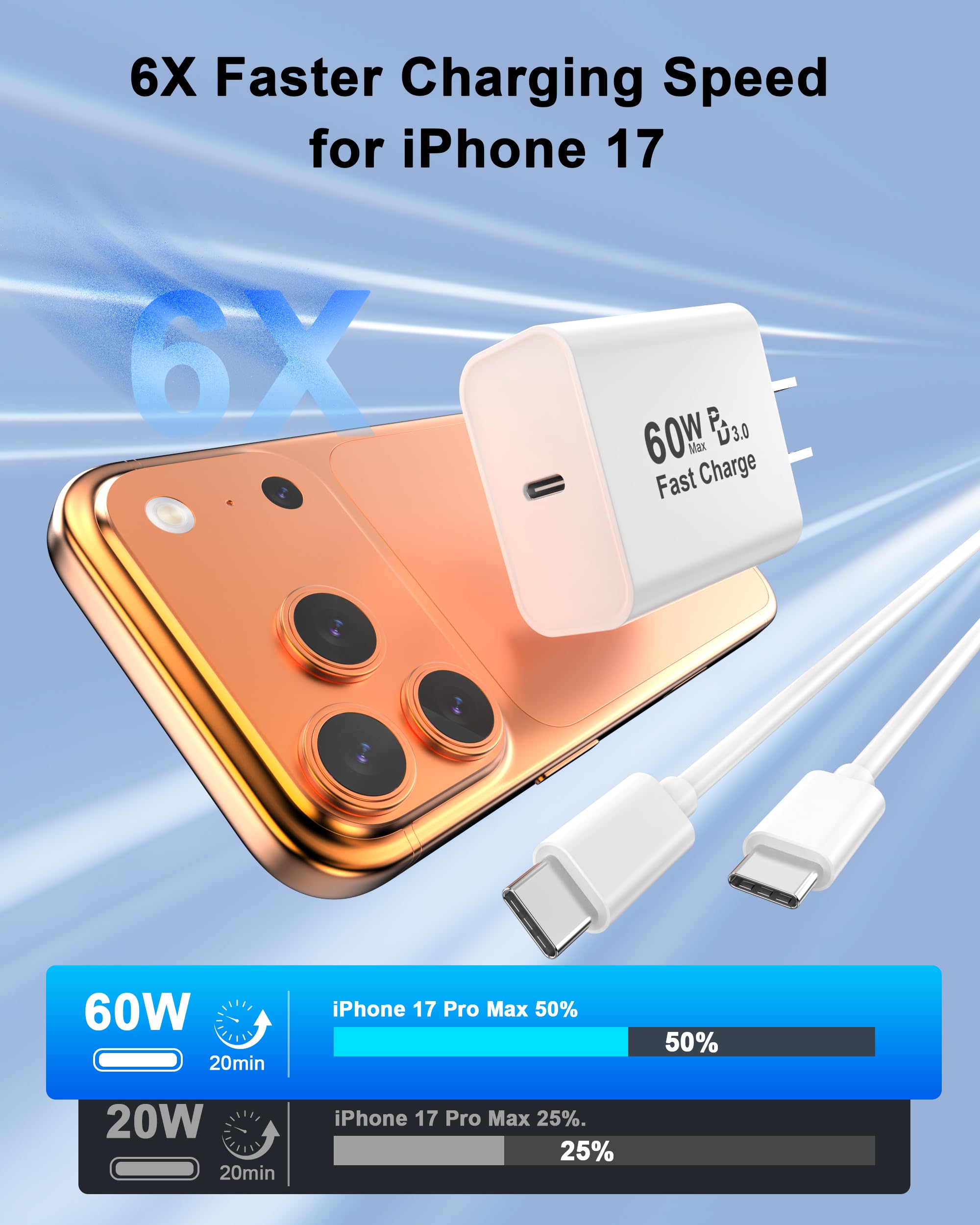 iPhone 17 Pro Max Charger Fast Charging, 40W Dynamic Power Adapter with 60W Max Charger Block & 10FT Long Type C Charging Cable Cord Compatible for iPhone 17/Air/17 Pro/17 Pro Max/16 15 Pro Max 4