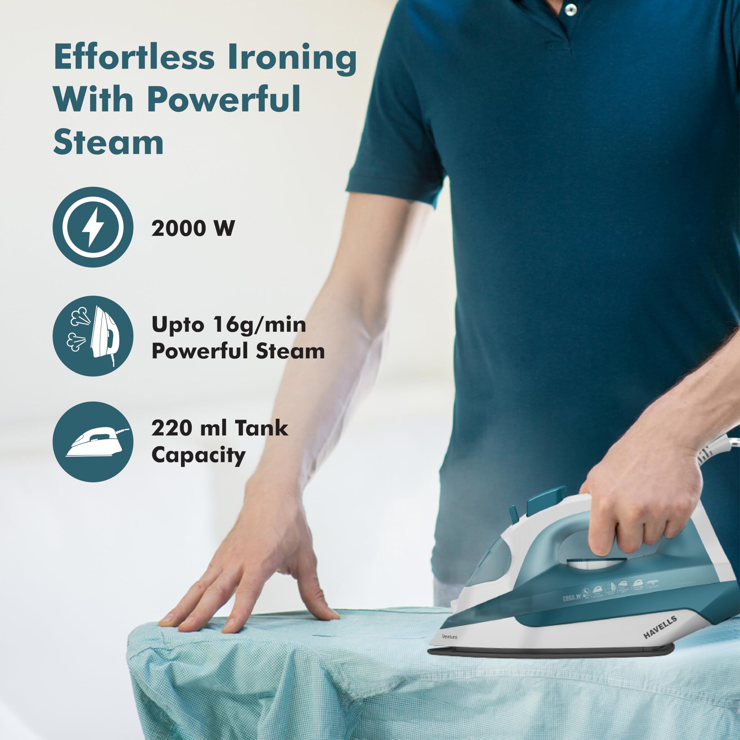 Havells Ventura 2000 Watt Steam Iron with Self Cleaning Function|Vertical & Horizontal Ironing|220 ml Tank for Longer Ironing|High Steaming Rate upto 15 gm/min|2Yr Manufacturer Warranty(Turquoise) 3
