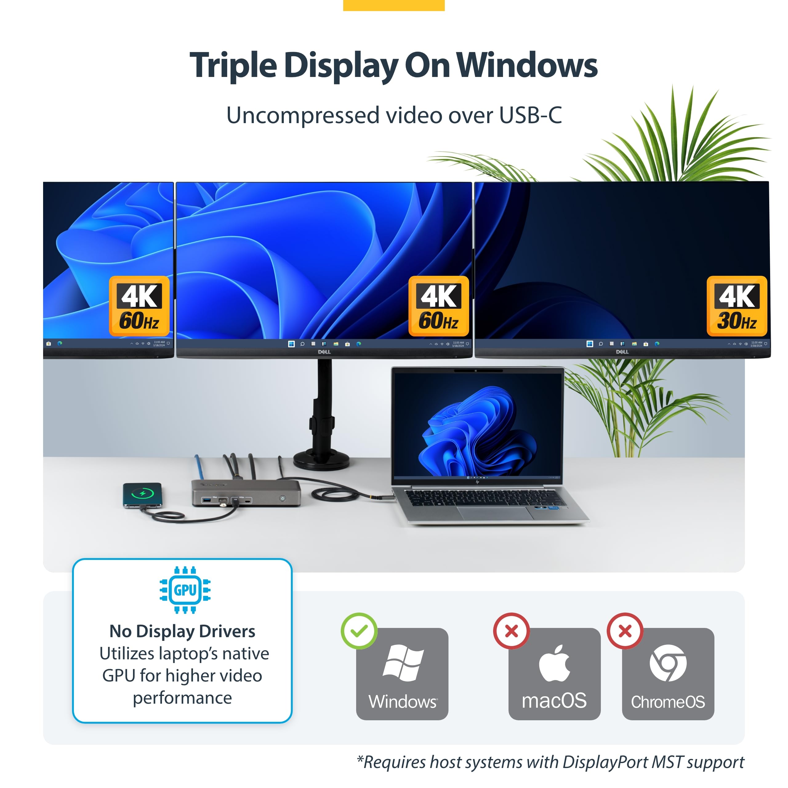 StarTech.com USB-C Docking Station Triple 4K 60Hz Displays, 100W Power Delivery, 6 USB Ports (10Gbps), Gigabit Ethernet, DisplayPort + HDMI, Driverless Windows Laptop Dock (199N-USBC-DOCK) 4