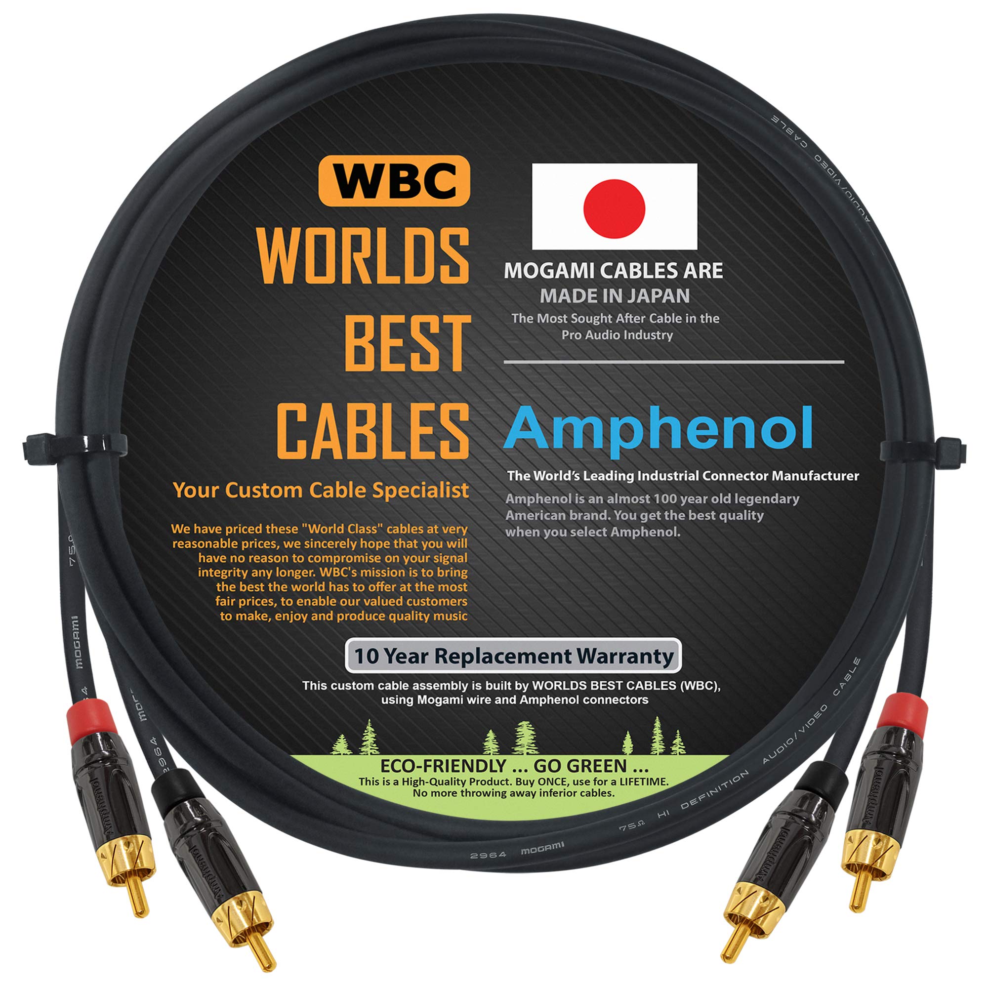 WORLDS BEST CABLES 3 Foot – High-Definition Audio Interconnect Cable Pair Custom Made Using Mogami 2964 Wire and Amphenol ACPL Black Chrome Body, Gold Plated RCA Connectors 1