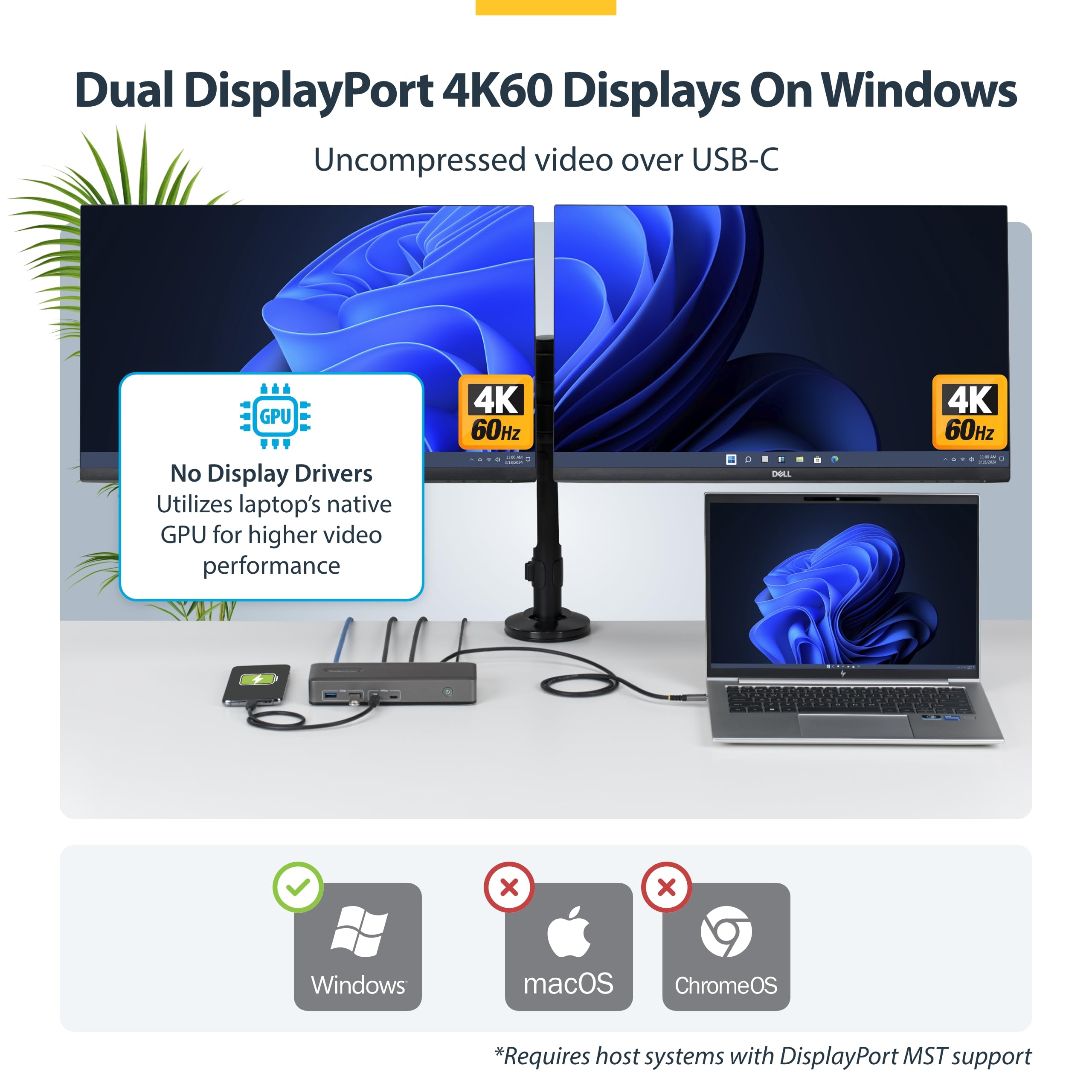 StarTech USB-C Docking Station Dual 4K 60Hz DisplayPort, 100W Power Delivery Charging, 6 USB Ports (10Gbps), Gigabit Ethernet, Driverless Windows Professional Laptop Dock (201N-USBC-DOCK) 4