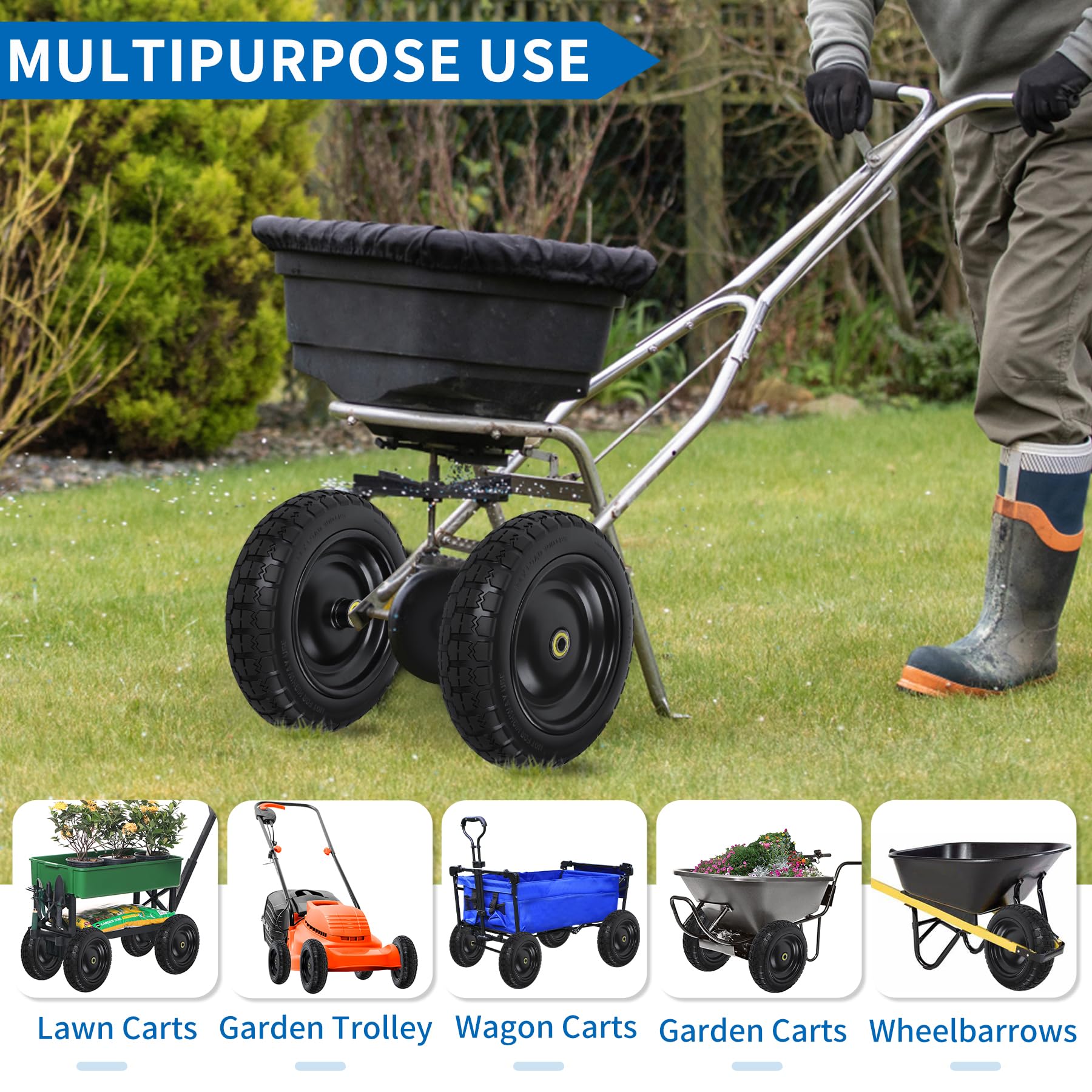 phepetroll 13 Inch Flat Free Wheels Tires 4.00-6 Solid Replacement with Universal 5/8" Axle Bore Hole, 16 Spacers and 8 Pins, for Wheelbarrow, Garden Wagon, Hand Truck, Trolley, Lawn Mower, 4 Pack 6