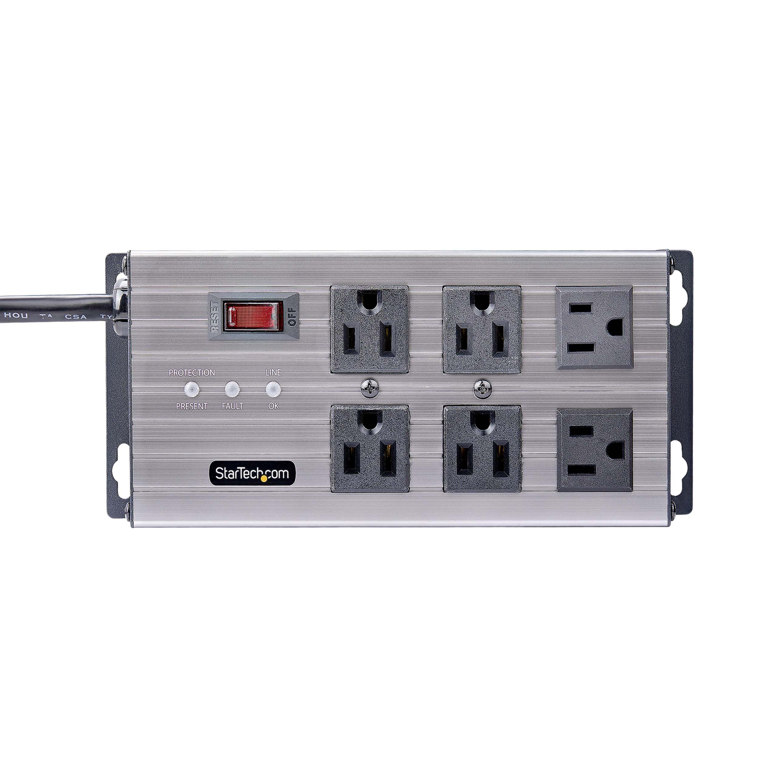 StarTech.com Flat Plug 6-Outlet Heavy Duty Industrial Power Strip 125V/15A with Surge Protector, EMI/RFI Isolation, Mountable PDU, 8ft/2.4m Extension Power Cord, NEMA 5-15P/R, TAA 4