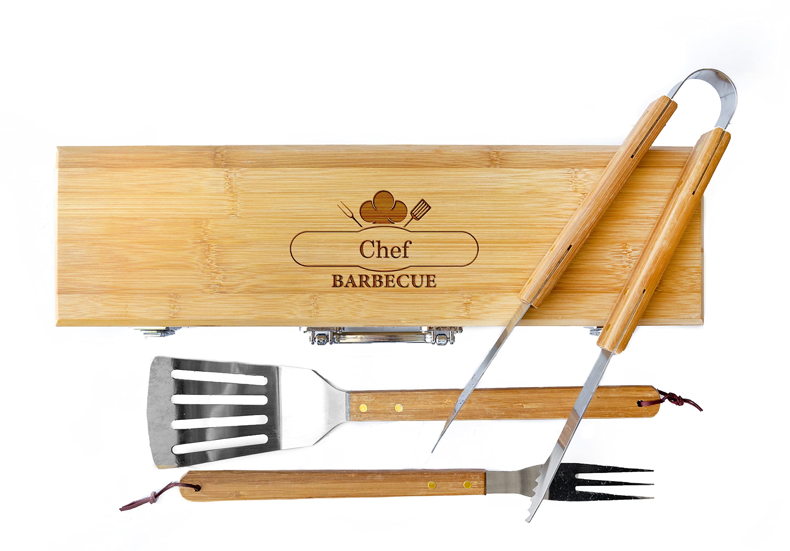Personalized Grill Set for Men, BBQ Set with Custom Engraved Wooden Case Holder (Chef Design) | Customized Birthday for Him, Dad, Boyfriend, Husband | Groomsmen Gift