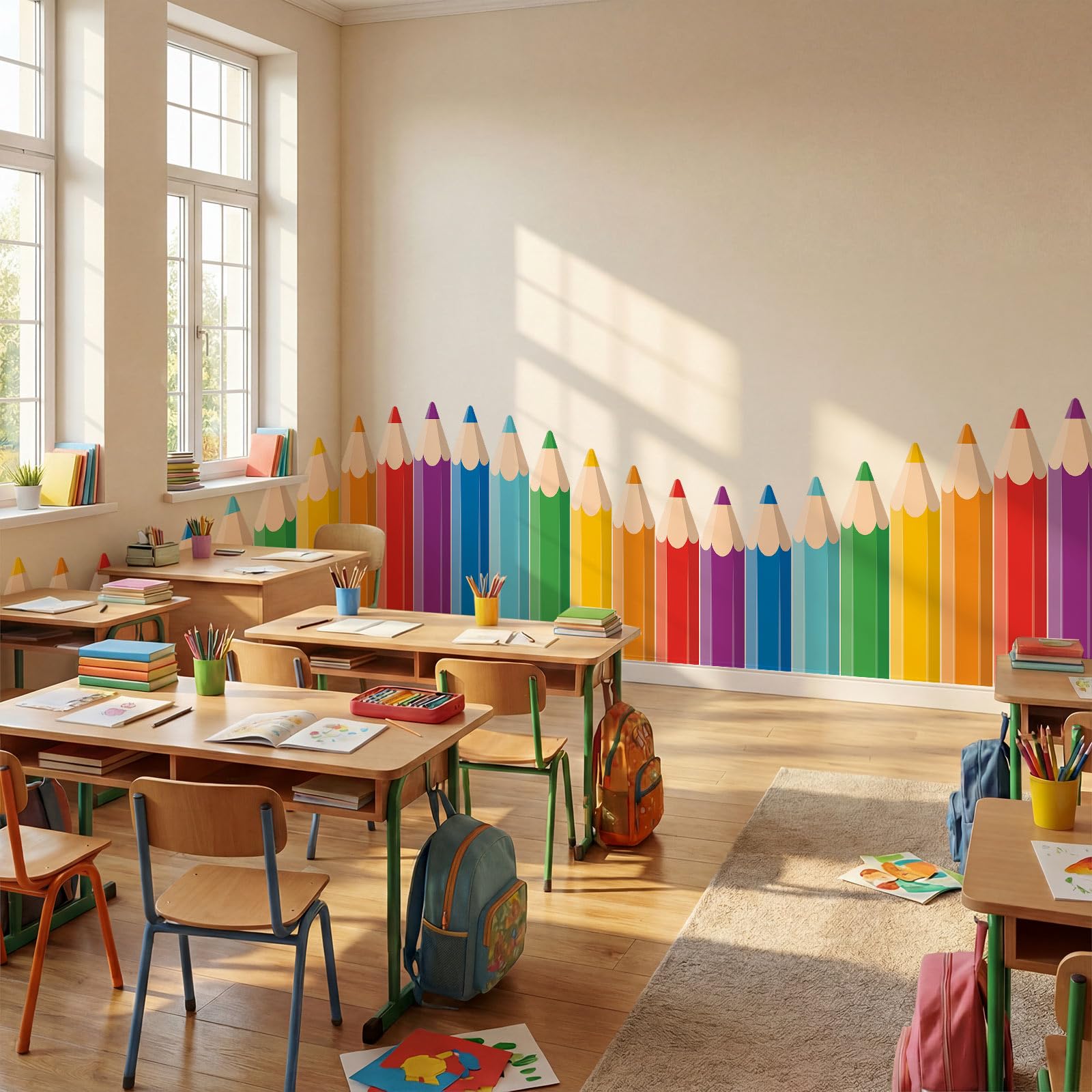 Gilprop 9.8 ft Colorful Crayon Classroom Wall Decor Fabric Back to School Classroom Wall Decoration Backdrop with Adhesive Dots Cuttable Crayon Bulletin Board Decoration for Preschool Graduation 5