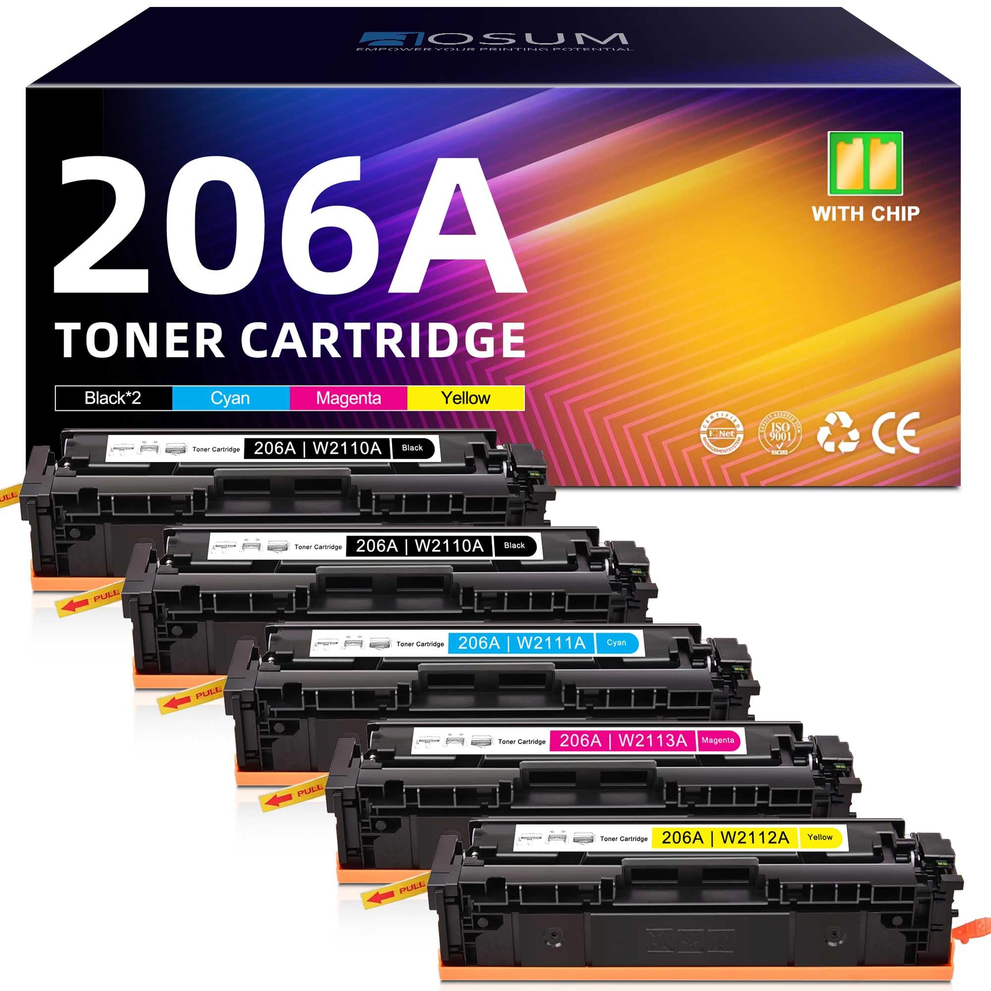 206A Toner Cartridges 5 Pack (with Chip) Replacement for HP 206A Toner Set for Color Pro MFP M283fdw M283cdw M283fdn M282nw, Color Pro M255dw M255nw M255dn Printer | 2BK/1C/1M/1Y 1