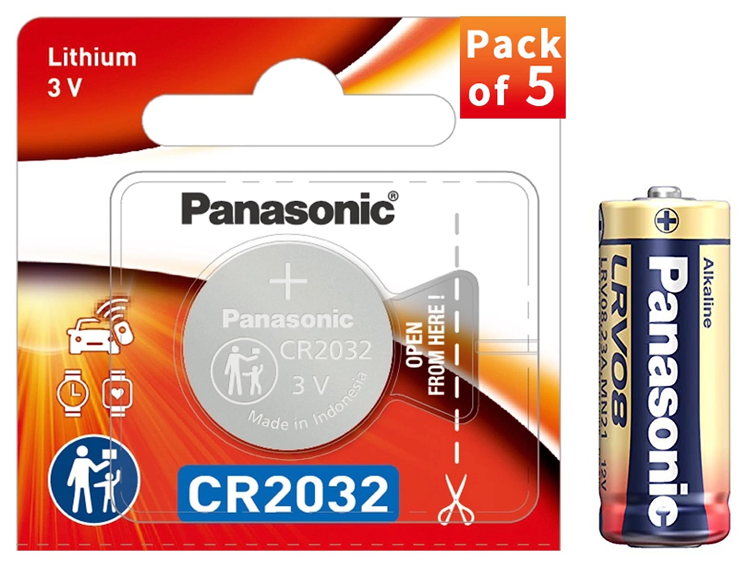 Panasonic Alkaline A23 12V Battery, Pack of 5 & CR-2032 Lithium Coin Battery 3v - Pack of 5 Provide Long Lasting Power in a Variety of Devices,from keyless-Entry fobs to Toys 1