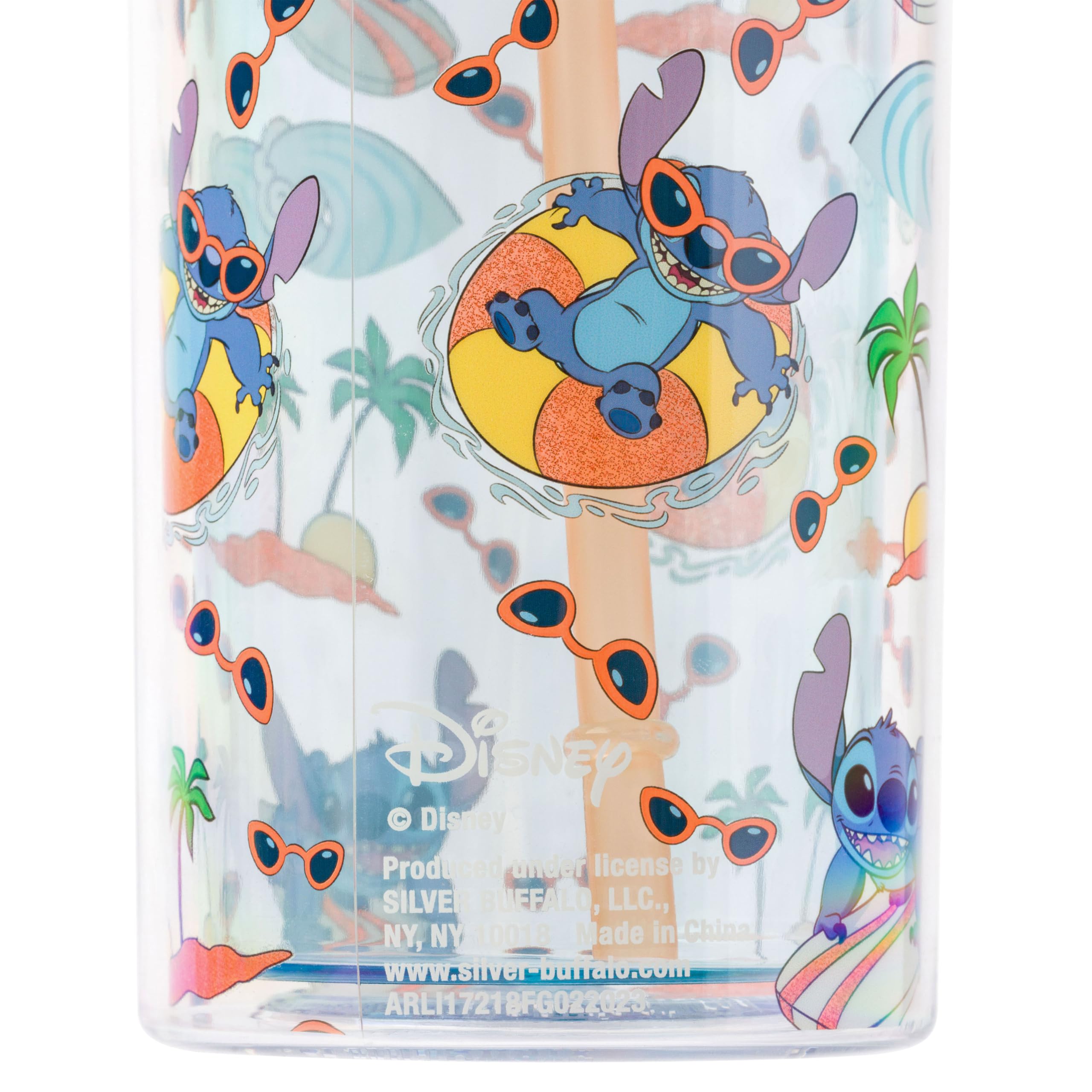 Silver Buffalo Disney Lilo and Stitch Beach Island Stitch in Floatie Swim Ring Plastic Glitter Cold Cup with Lid and Straw, 20 Ounces 3